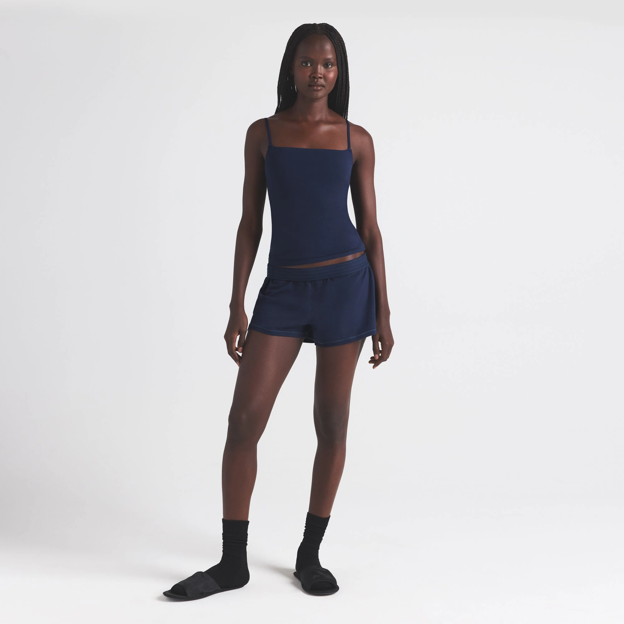 COTTON JERSEY CAMI | NAVY ON A MODEL FRONT VIEW | FOCUS: 0.0, 1.0, 0.9