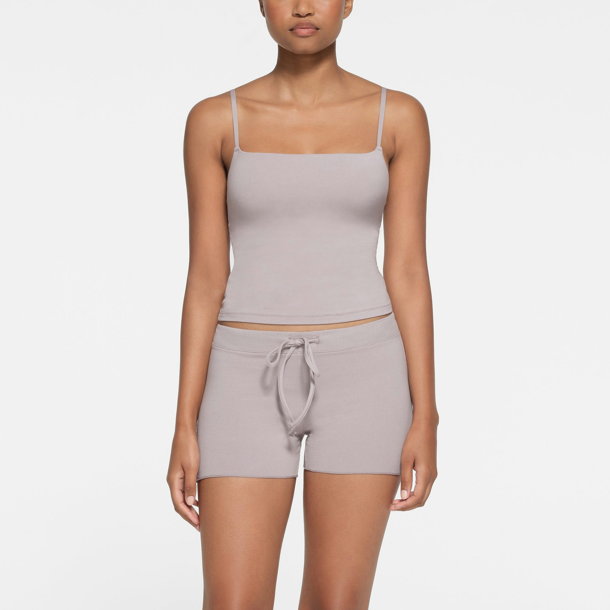 COTTON JERSEY CAMI | OYSTER ON A MODEL FRONT VIEW