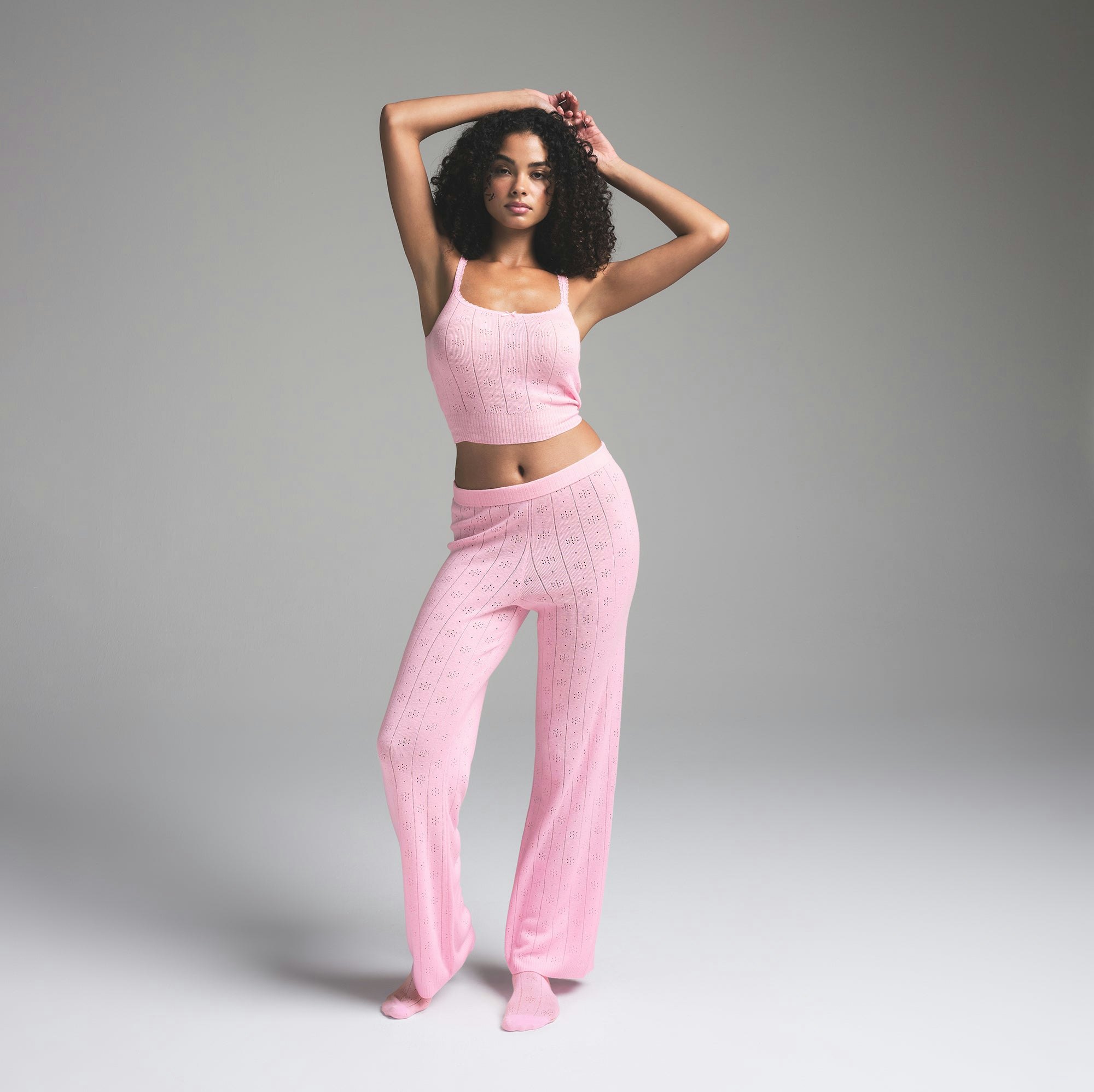 SWEATER POINTELLE CAMI | BABY PINK ON A MODEL FRONT VIEW | FOCUS: 0.0, 1.0, 0.9