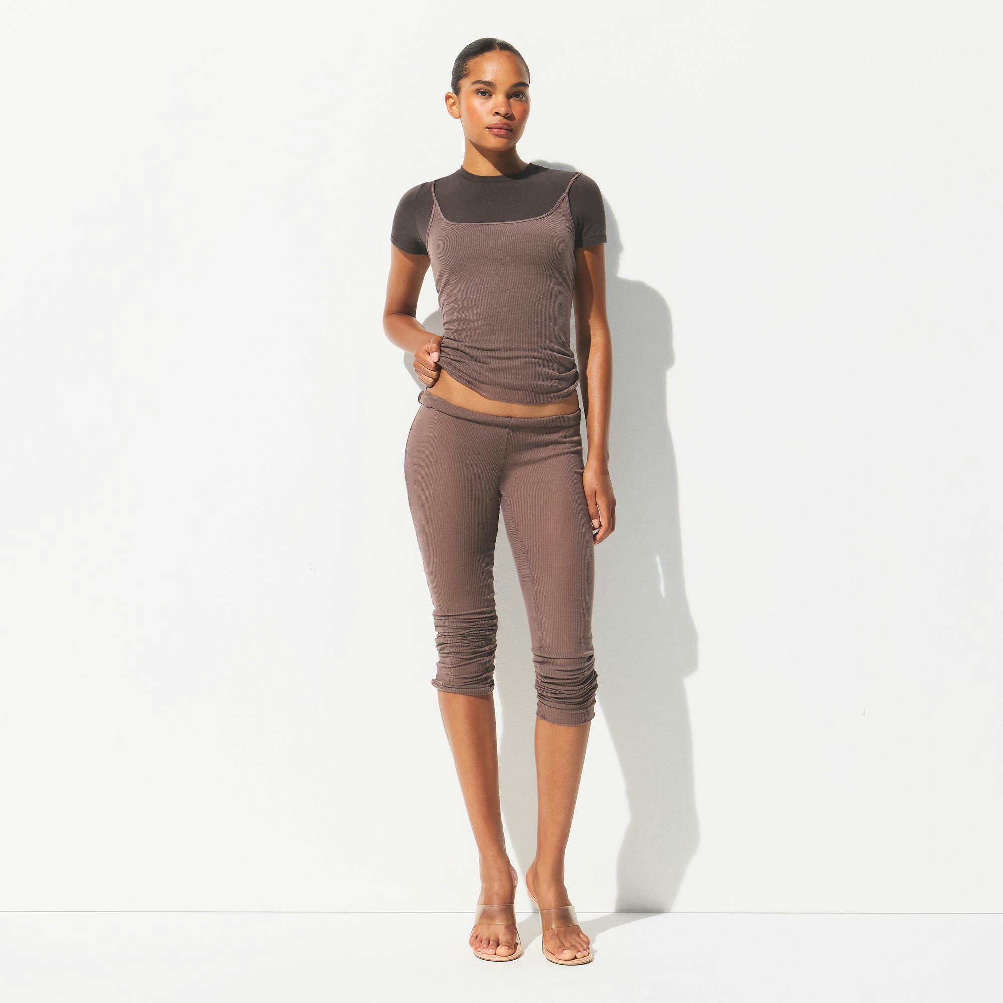 SHEER RIB LONG CAMI | PEWTER ON A MODEL FRONT VIEW @ | FOCUS: 0.0, 1.0, 0.9