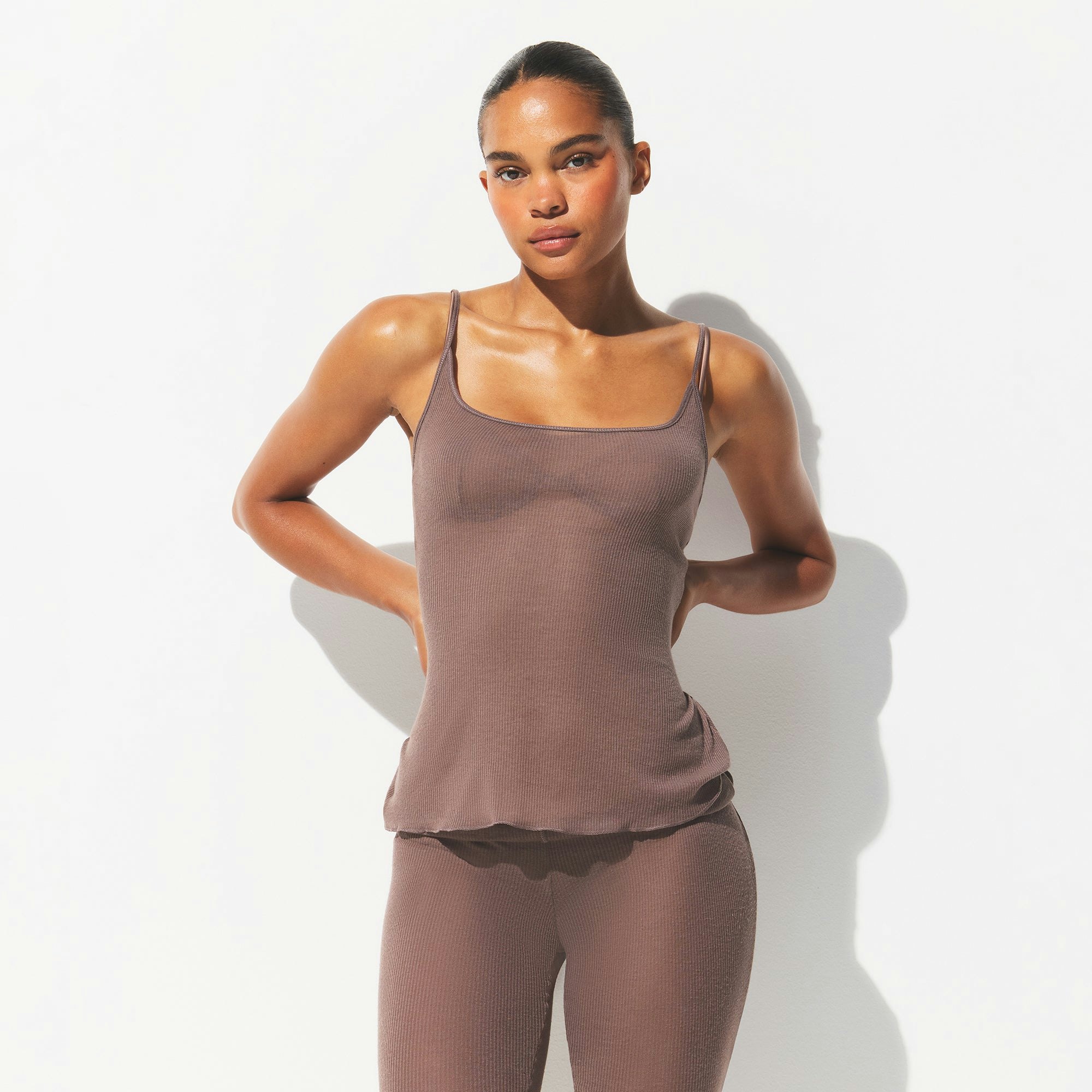 SHEER RIB LONG CAMI | PEWTER ON A MODEL FRONT VIEW @ | FOCUS: 0.0, 1.0, 0.9