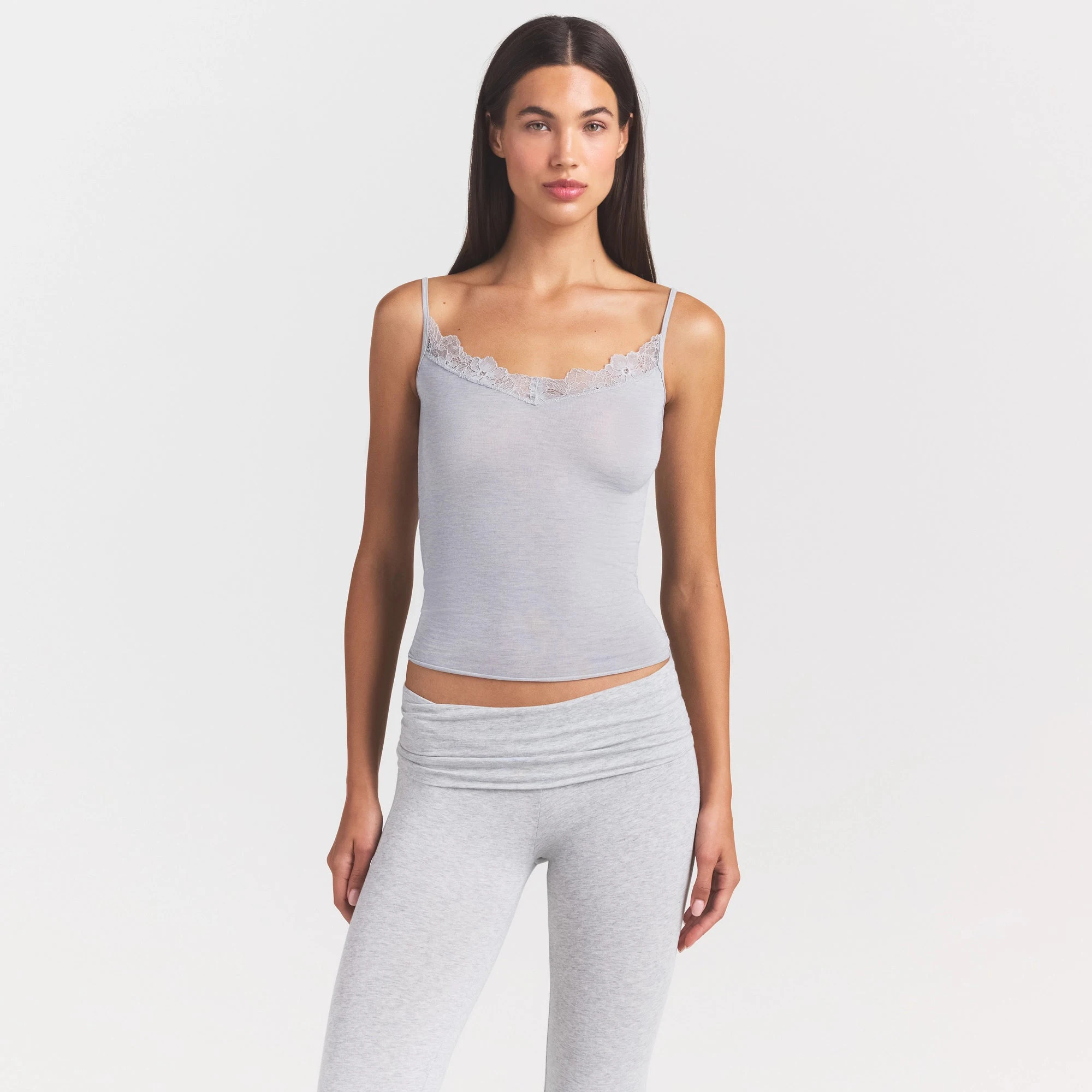 SHEER MODAL LACE CAMI | HEATHER GREY ON A MODEL SIDE VIEW