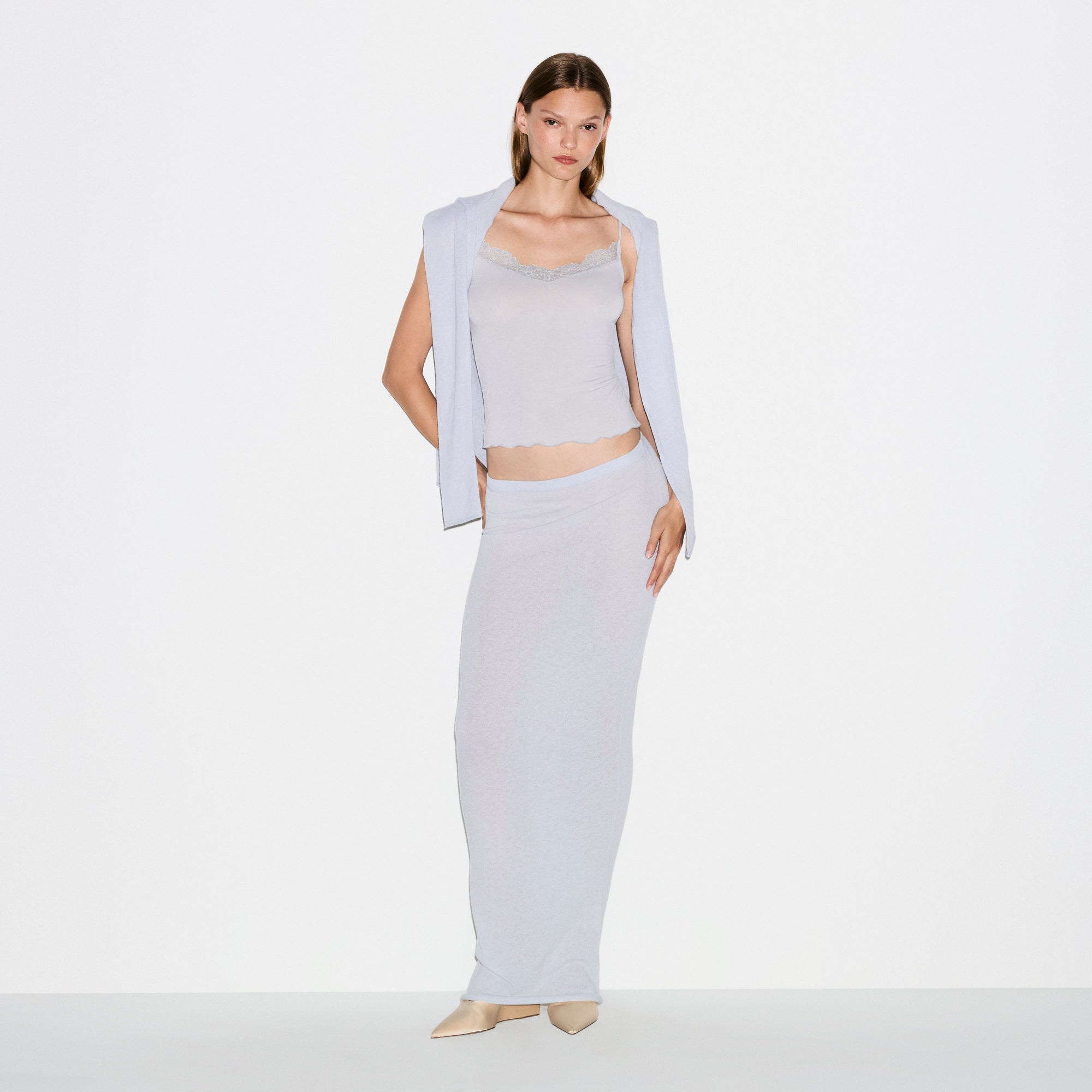 SHEER MODAL LACE CAMI | MIST ON A MODEL FRONT VIEW @ | FOCUS: 0.0, 1.0, 0.9