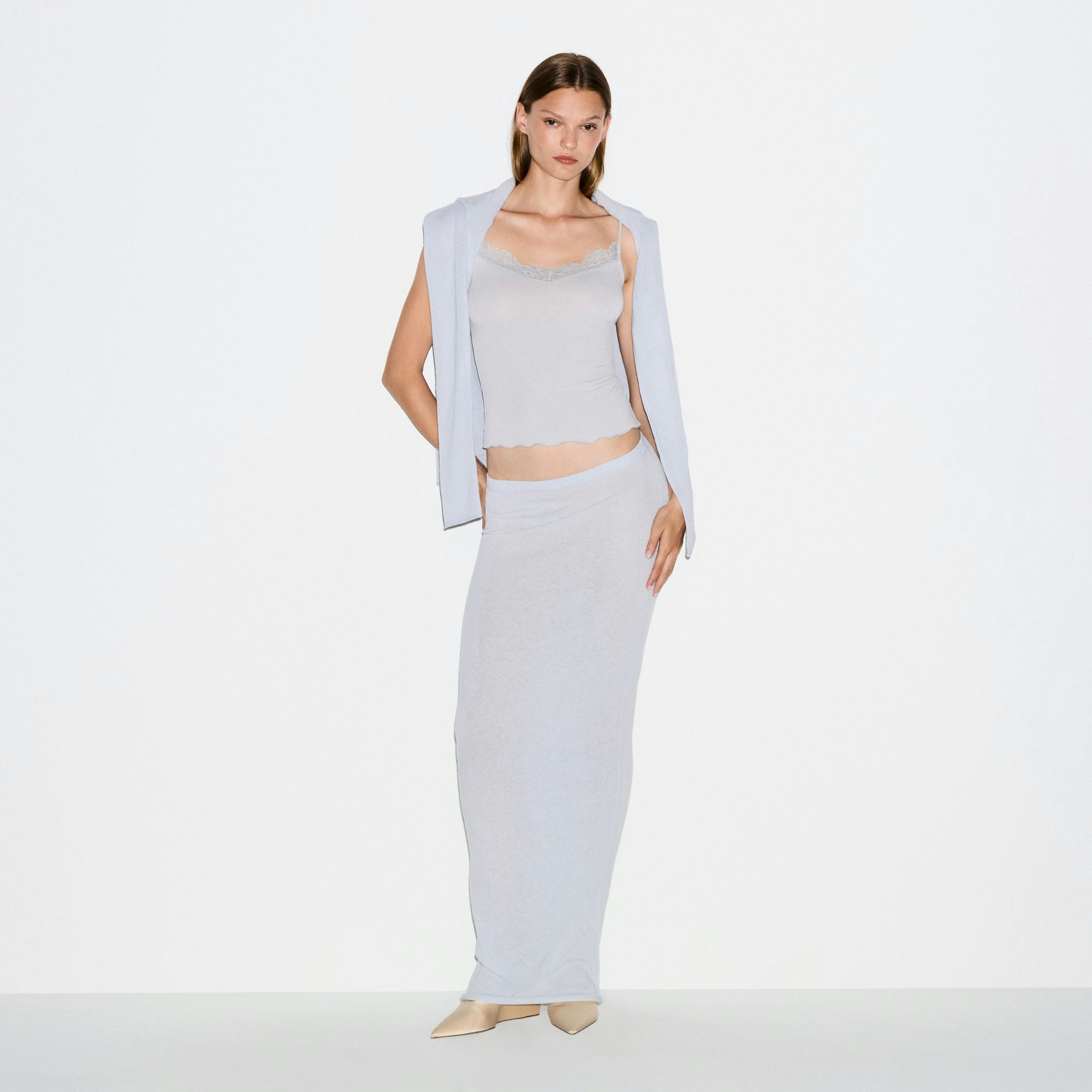 SHEER MODAL LACE CAMI | MIST ON A MODEL FRONT VIEW @ | FOCUS: 0.0, 1.0, 0.9