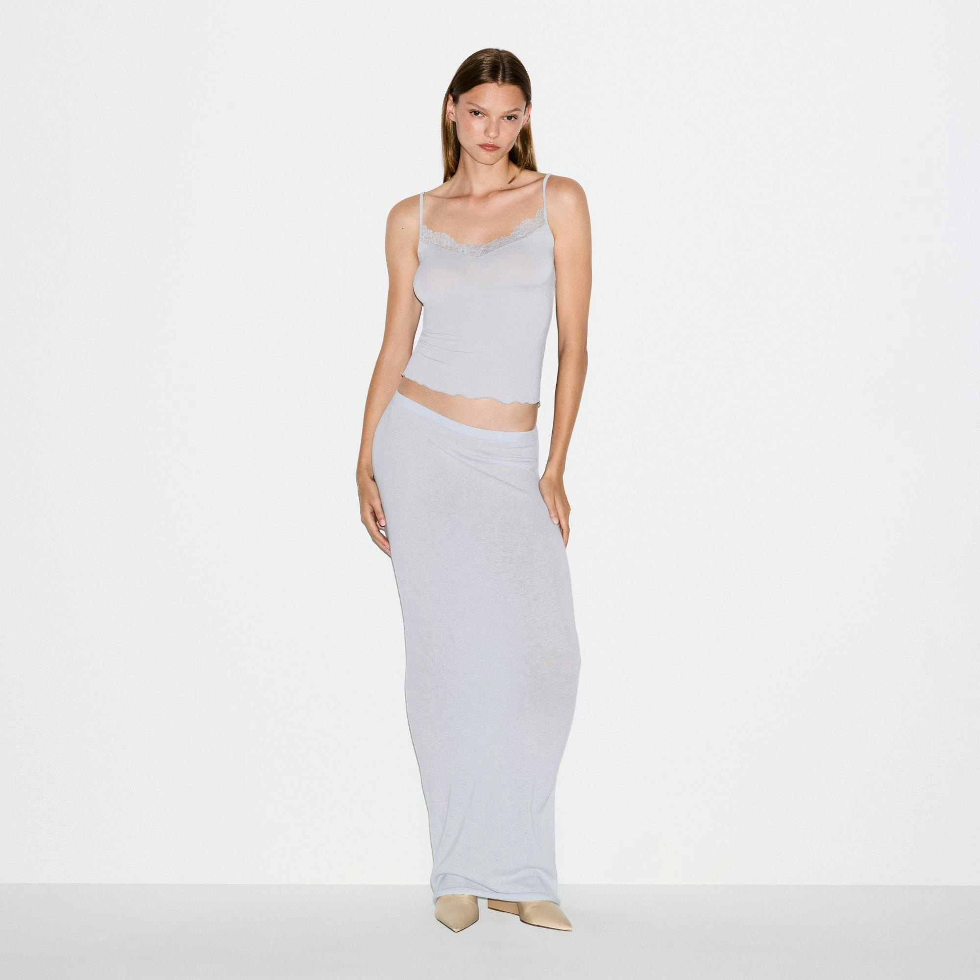 SHEER MODAL LACE CAMI | MIST ON A MODEL FRONT VIEW @ | FOCUS: 0.0, 1.0, 0.9