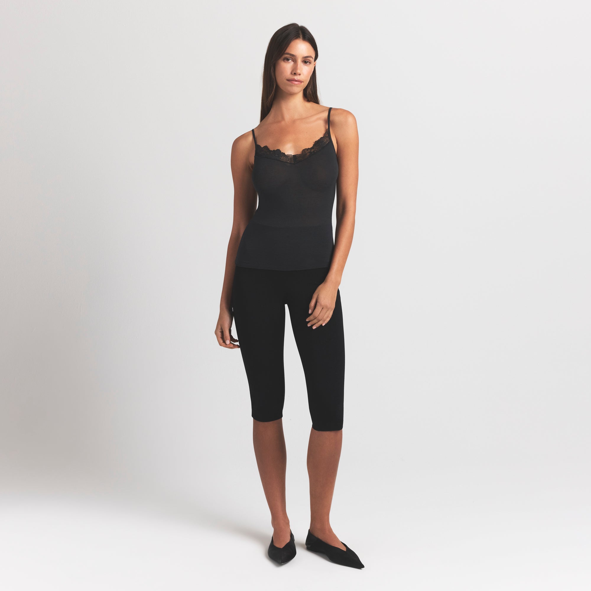 SHEER MODAL LACE CAMI | ONYX ON A MODEL FRONT VIEW S | FOCUS: 0.0, 1.0, 0.9