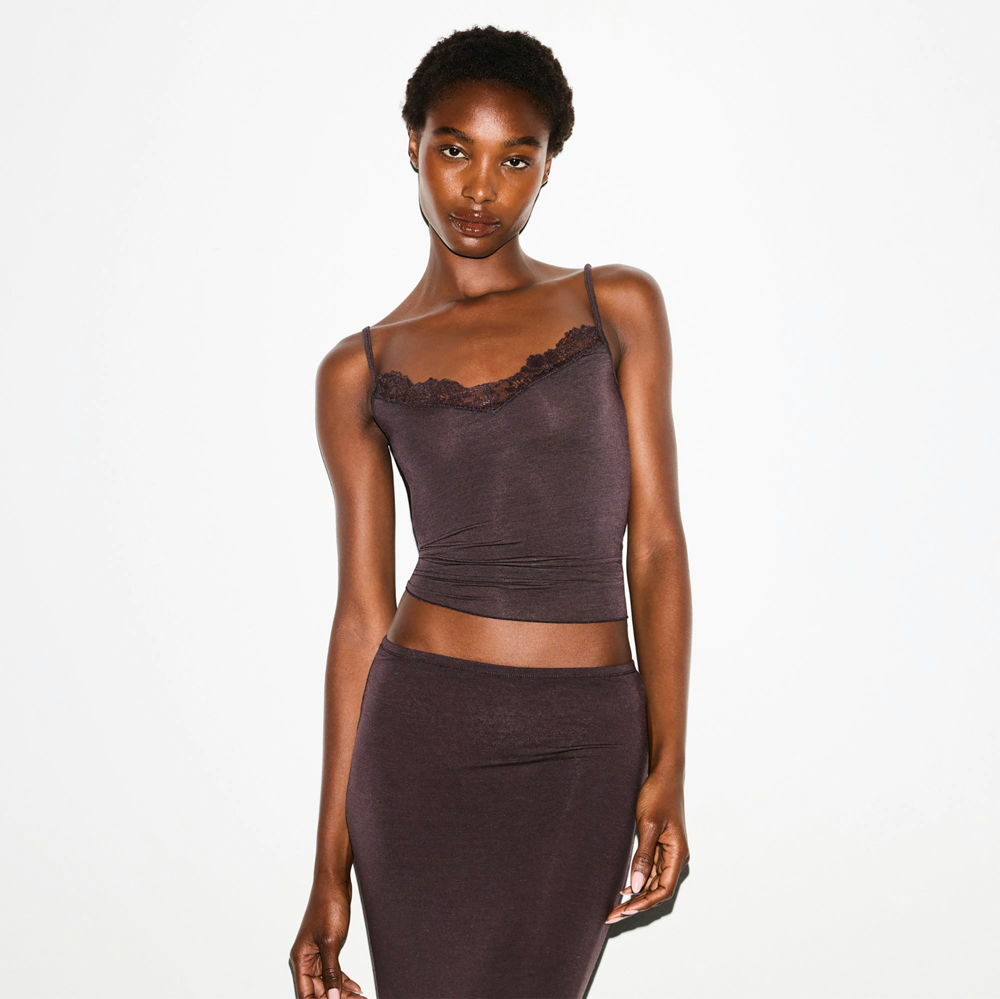 SHEER MODAL LACE CAMI | PHOENIX ON A MODEL FRONT VIEW @ | FOCUS: 0.0, 1.0, 0.9