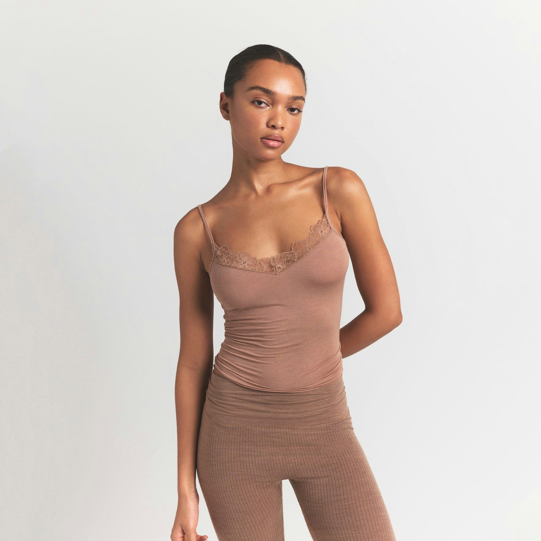 SHEER MODAL LACE CAMI | SIENNA ON A MODEL FRONT VIEW S | FOCUS: 0.0, 1.0, 0.9