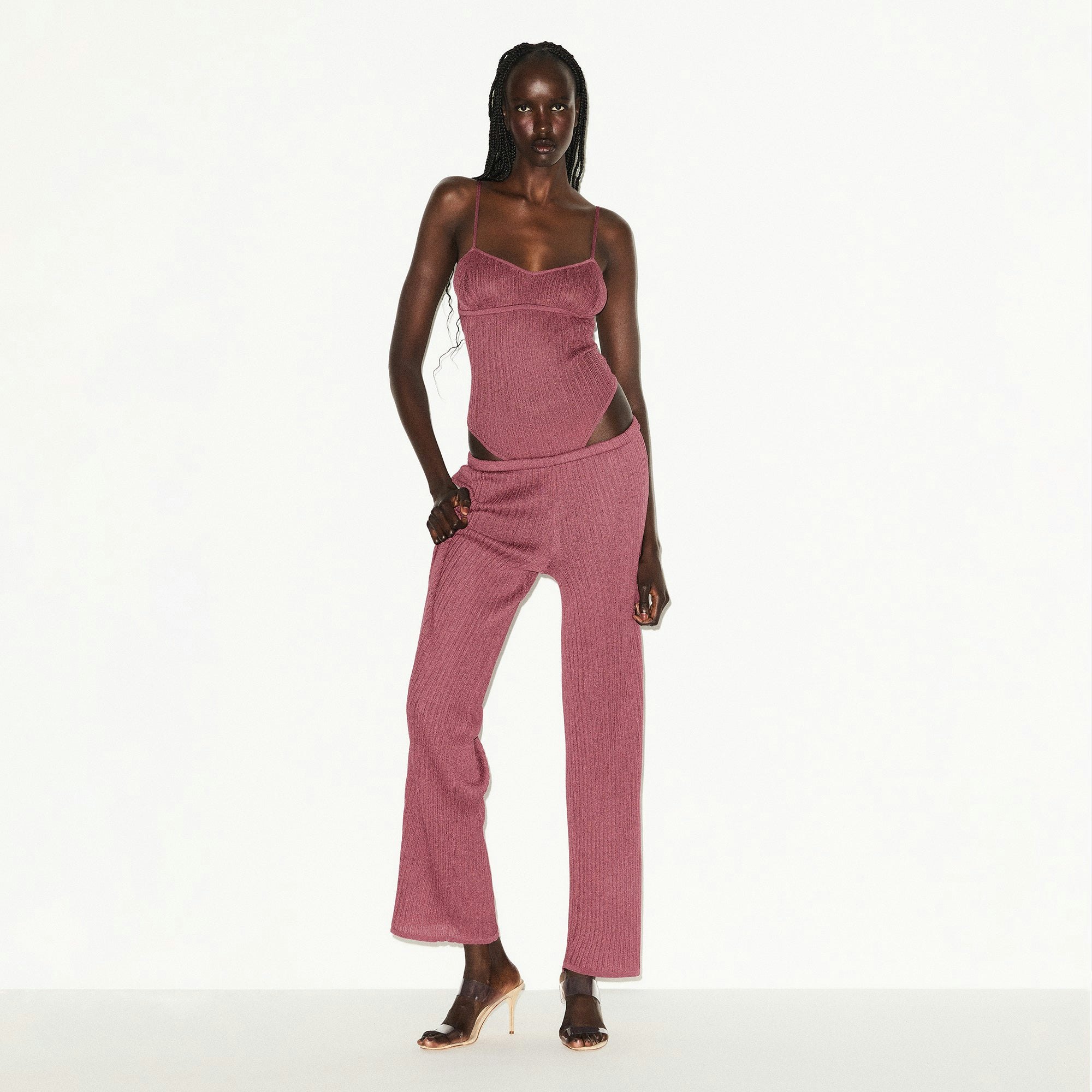 SHEER KNIT CAMI BODYSUIT | BEET ON A MODEL FRONT VIEW @ | FOCUS: 0.0, 1.0, 0.9