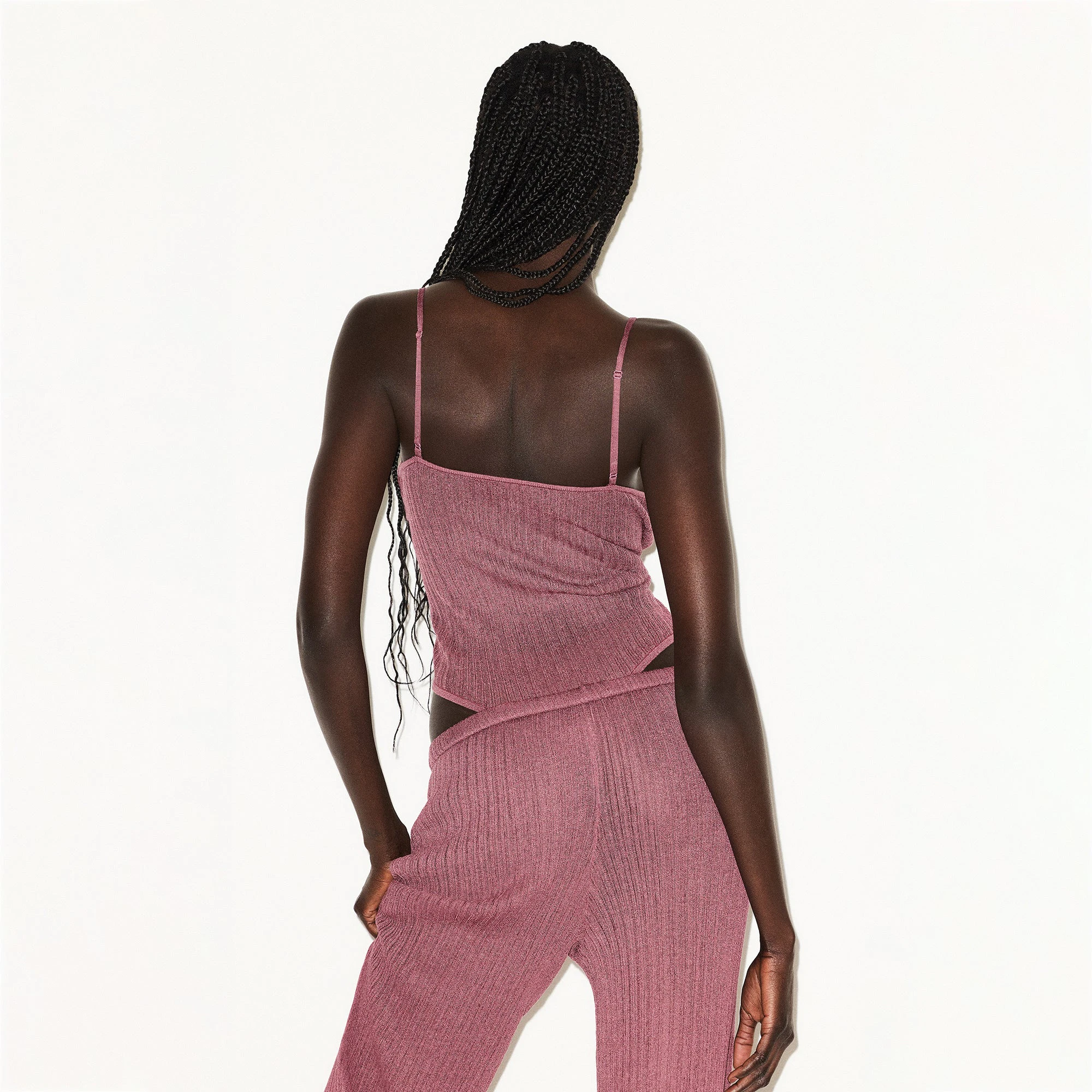 SHEER KNIT CAMI BODYSUIT | BEET ON A MODEL BACK VIEW @ | FOCUS: 0.0, 1.0, 0.9