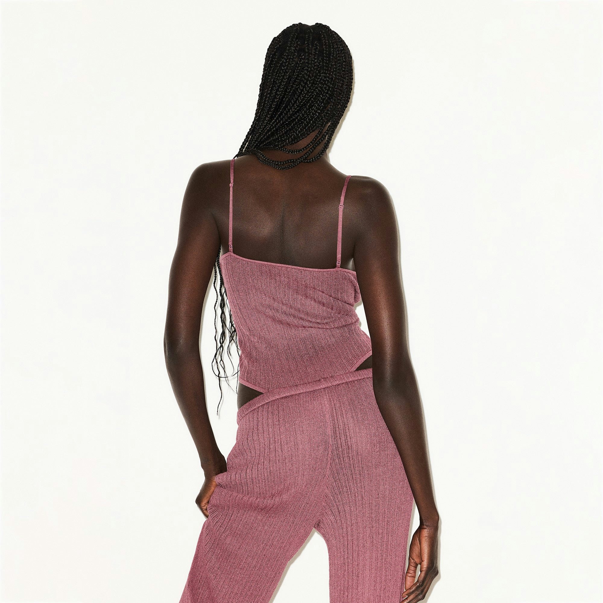 SHEER KNIT CAMI BODYSUIT | BEET ON A MODEL BACK VIEW @ | FOCUS: 0.0, 1.0, 0.9