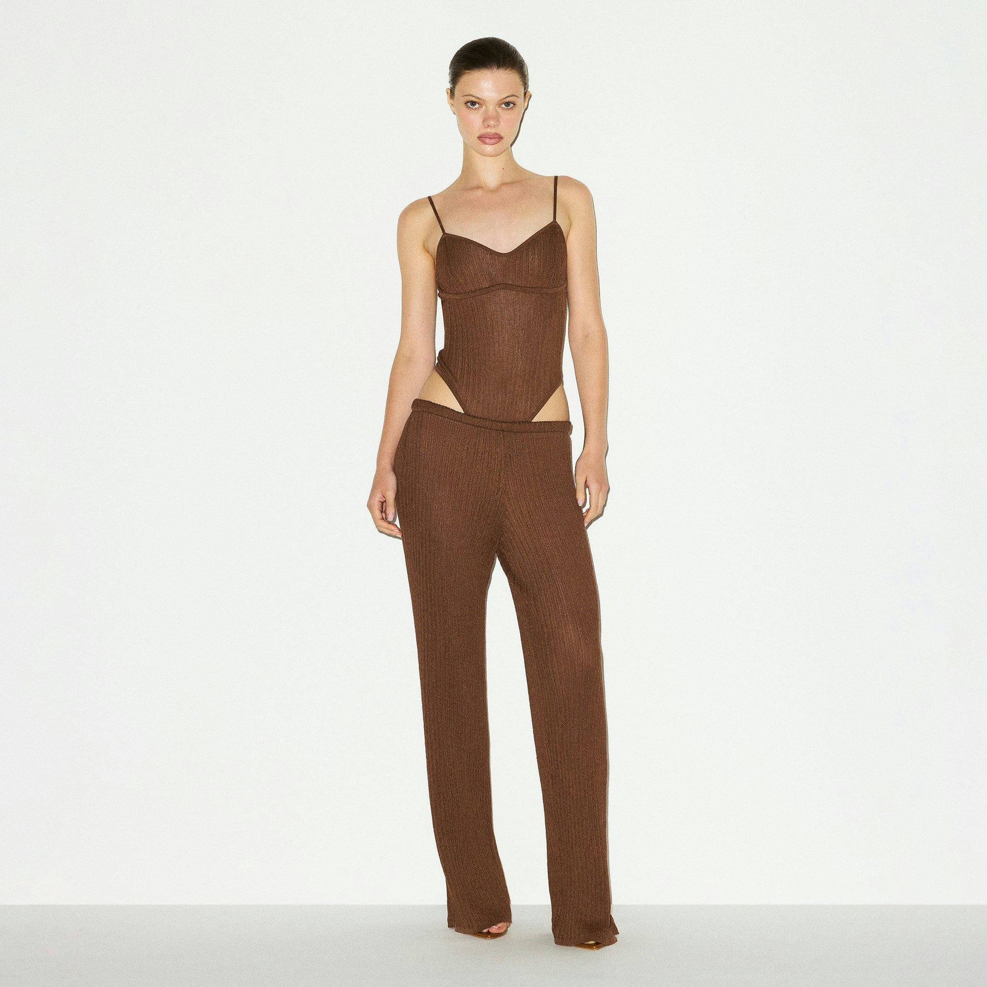 SHEER KNIT CAMI BODYSUIT | BISON ON A MODEL FRONT VIEW @ | FOCUS: 0.0, 1.0, 0.9