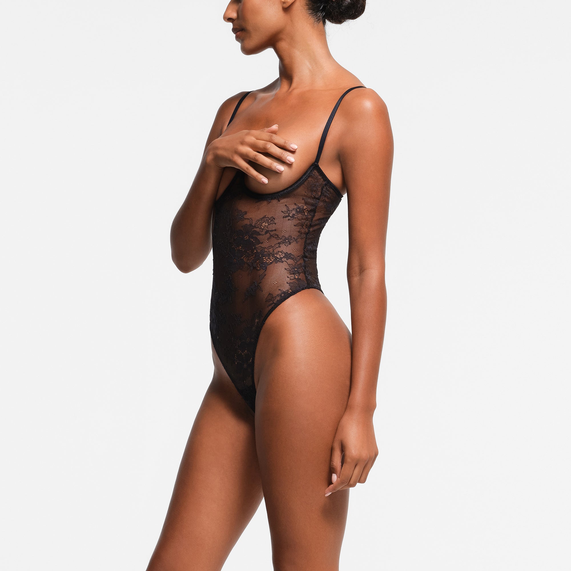 ULTRA FINE LACE OPEN CUP BODYSUIT ONYX