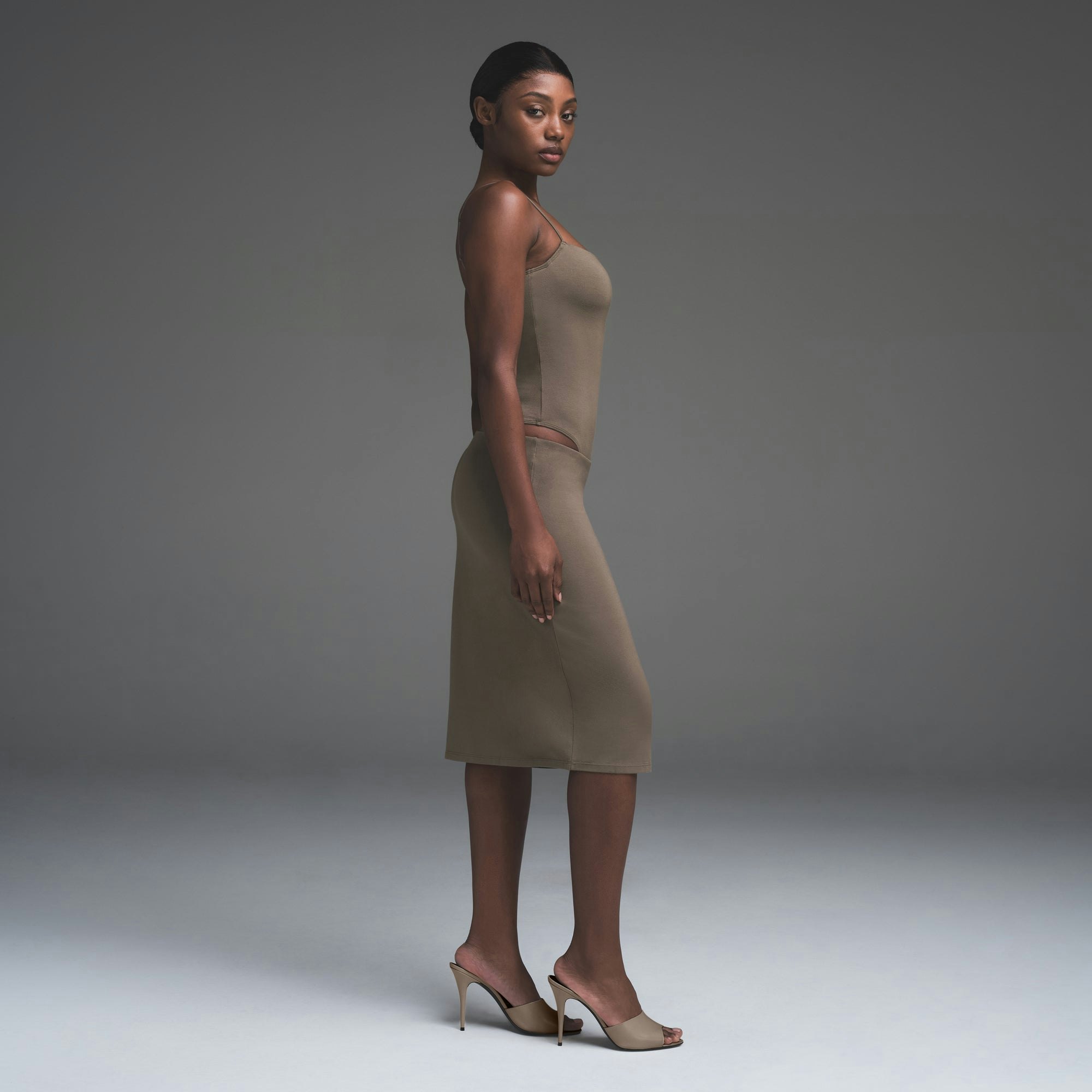 SMOOTH LOUNGE CAMI BODYSUIT | TRUFFLE ON A MODEL BACK VIEW | FOCUS: 0.0, 1.0, 0.9