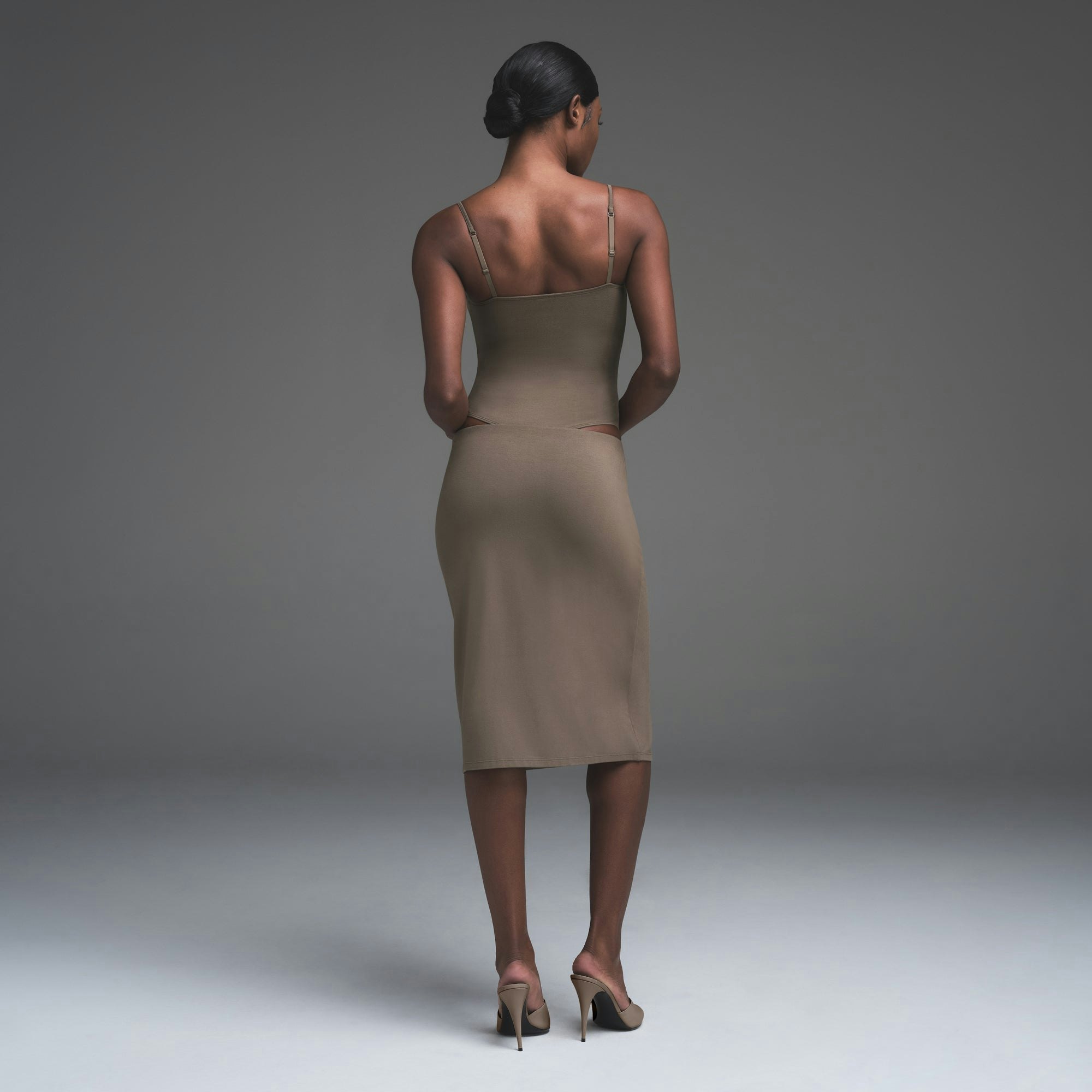 SMOOTH LOUNGE CAMI BODYSUIT | TRUFFLE  ON A MODEL BACK VIEW | FOCUS: 0.0, 1.0, 0.9