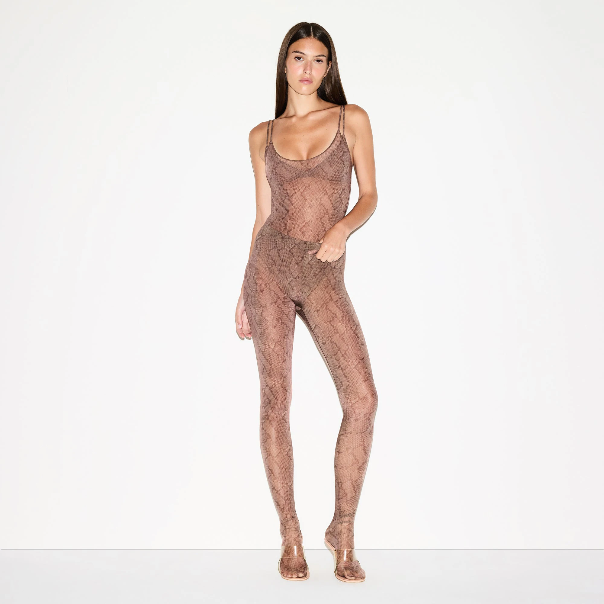 MILKY SHEER CAMI BODYSUIT | JASPER SNAKE PRINT ON A MODEL FRONT VIEW @ | FOCUS: 0.0, 1.0, 0.9