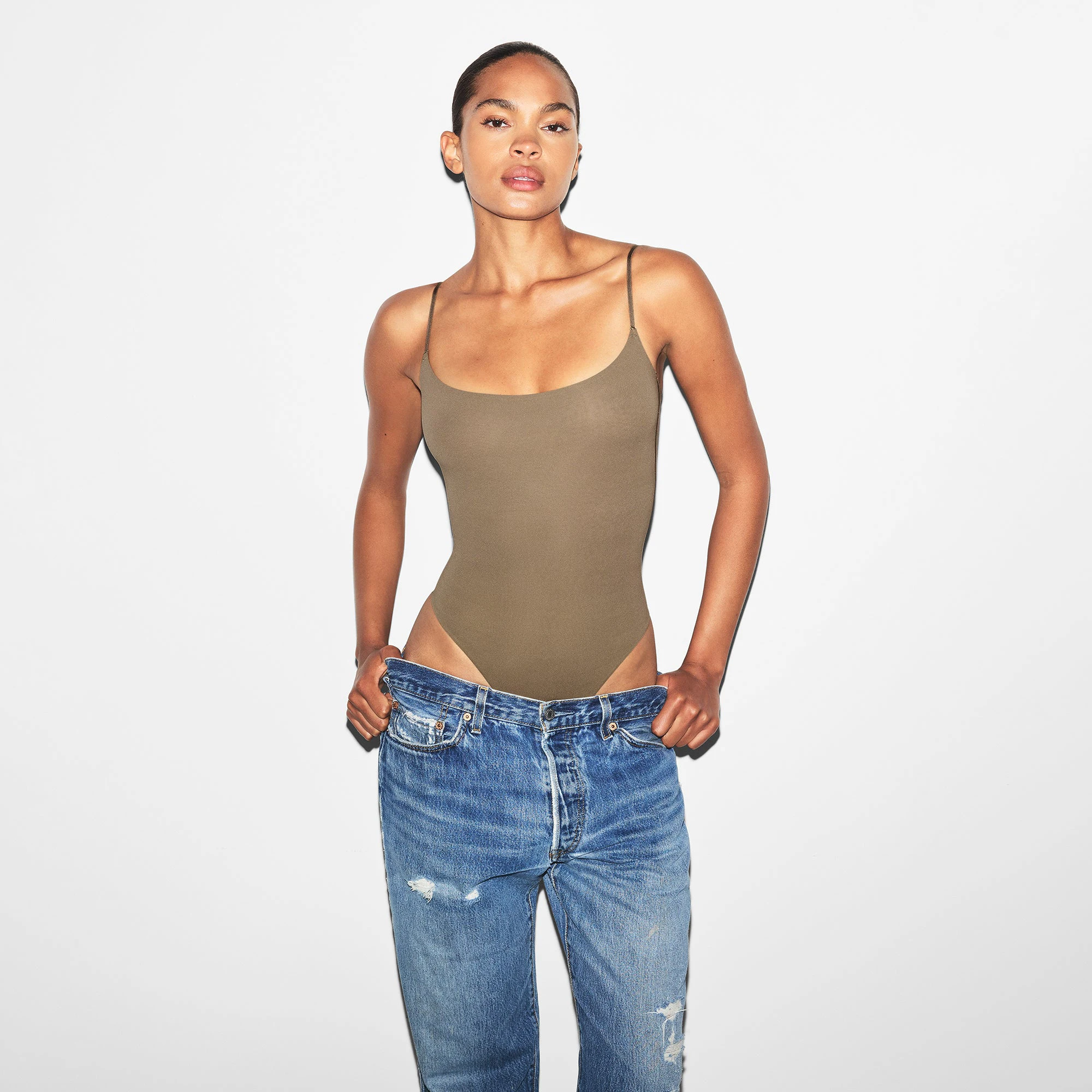 FITS EVERYBODY CAMI BODYSUIT | TRUFFLE ON A MODEL FRONT VIEW | FOCUS: 0.0, 1.0, 0.9