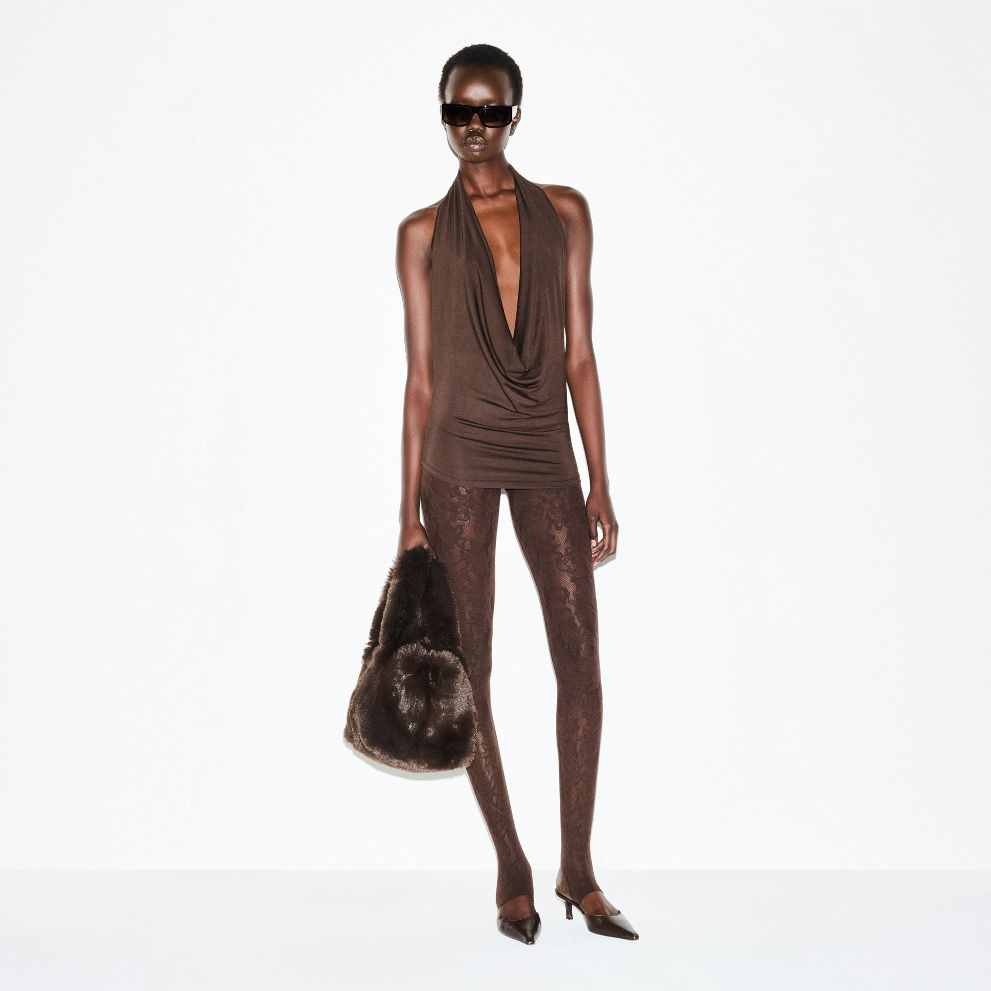 SMOOTH LAYERS DEEP PLUNGE HALTER TOP | ESPRESSO ON A MODEL FRONT VIEW @ | FOCUS: 0.0, 1.0, 0.9