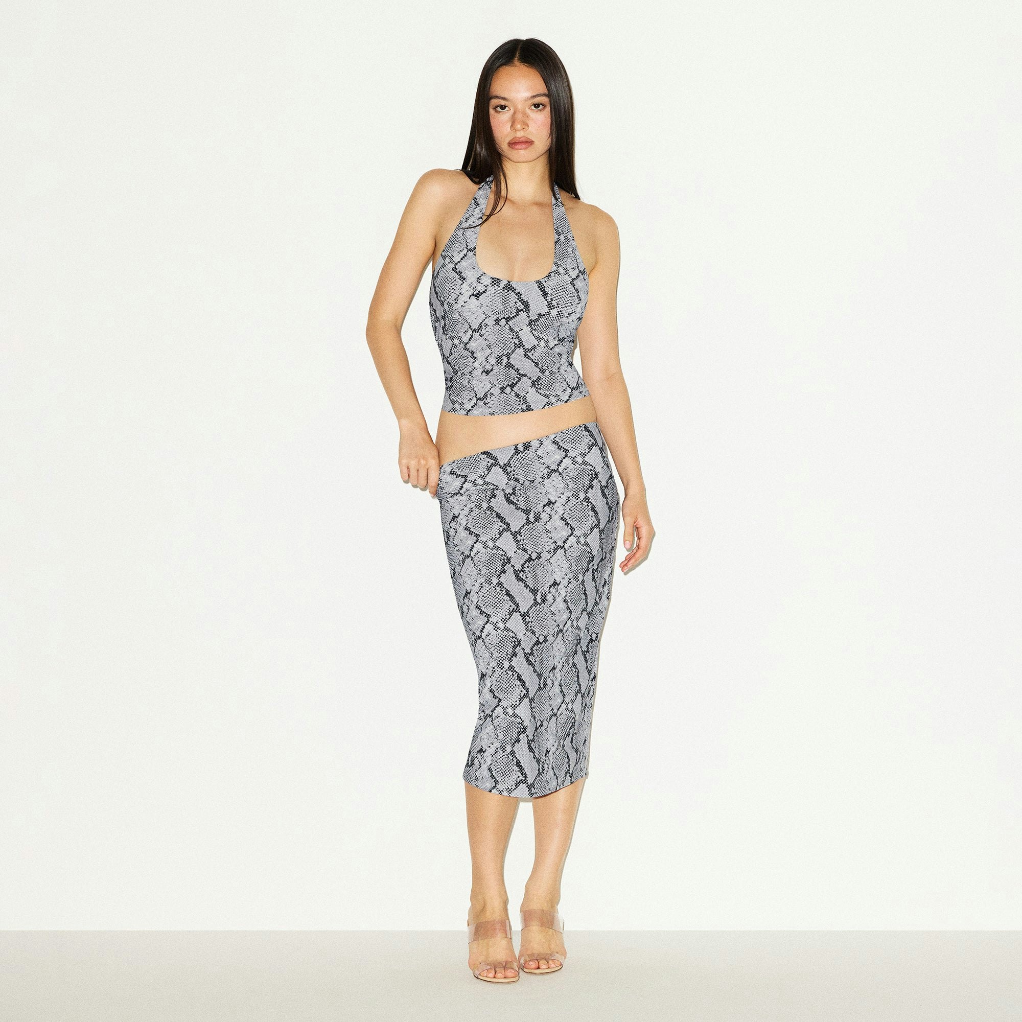 CLING MATTE HALTER TOP | CHROME SNAKESKIN PRINT ON A MODEL FRONT VIEW @ | FOCUS: 0.0, 1.0, 0.9