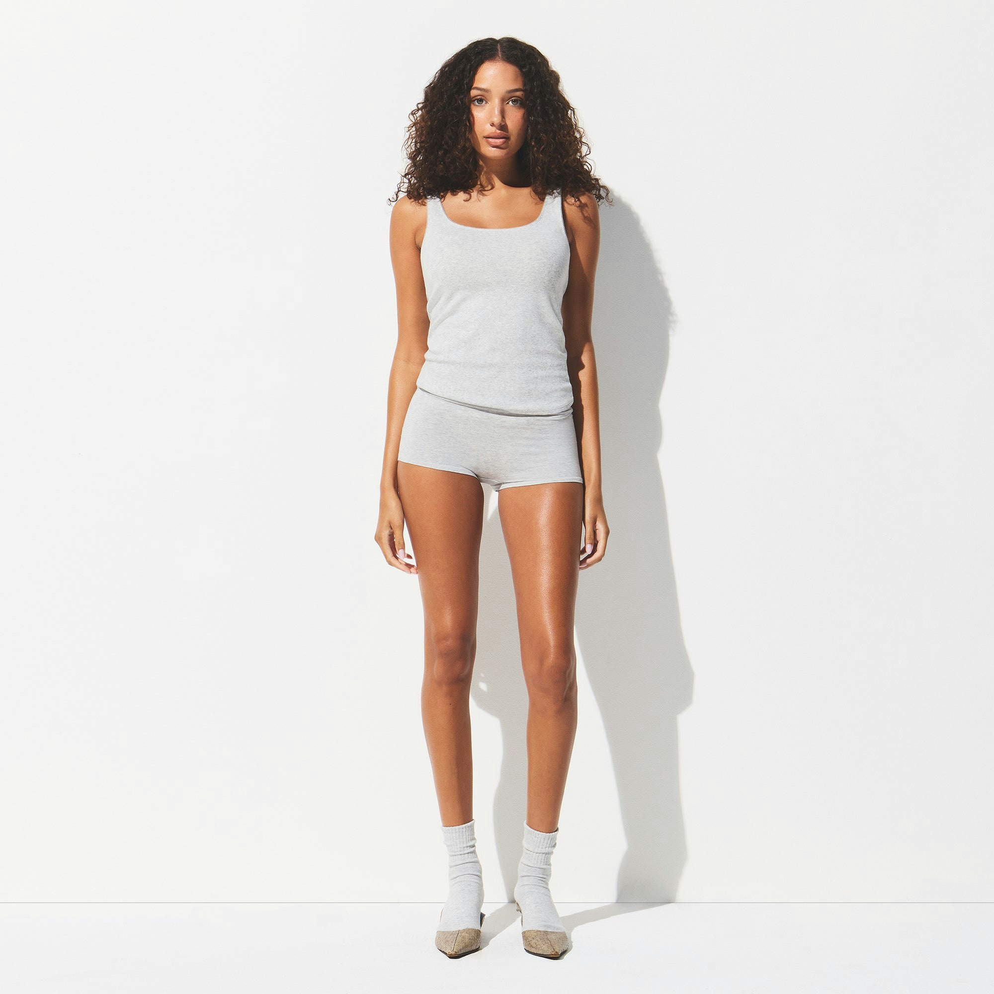 DROP NEEDLE POINTELLE TANK | LIGHT HEATHER GREY ON A MODEL FRONT VIEW @ | FOCUS: 0.0, 1.0, 0.9