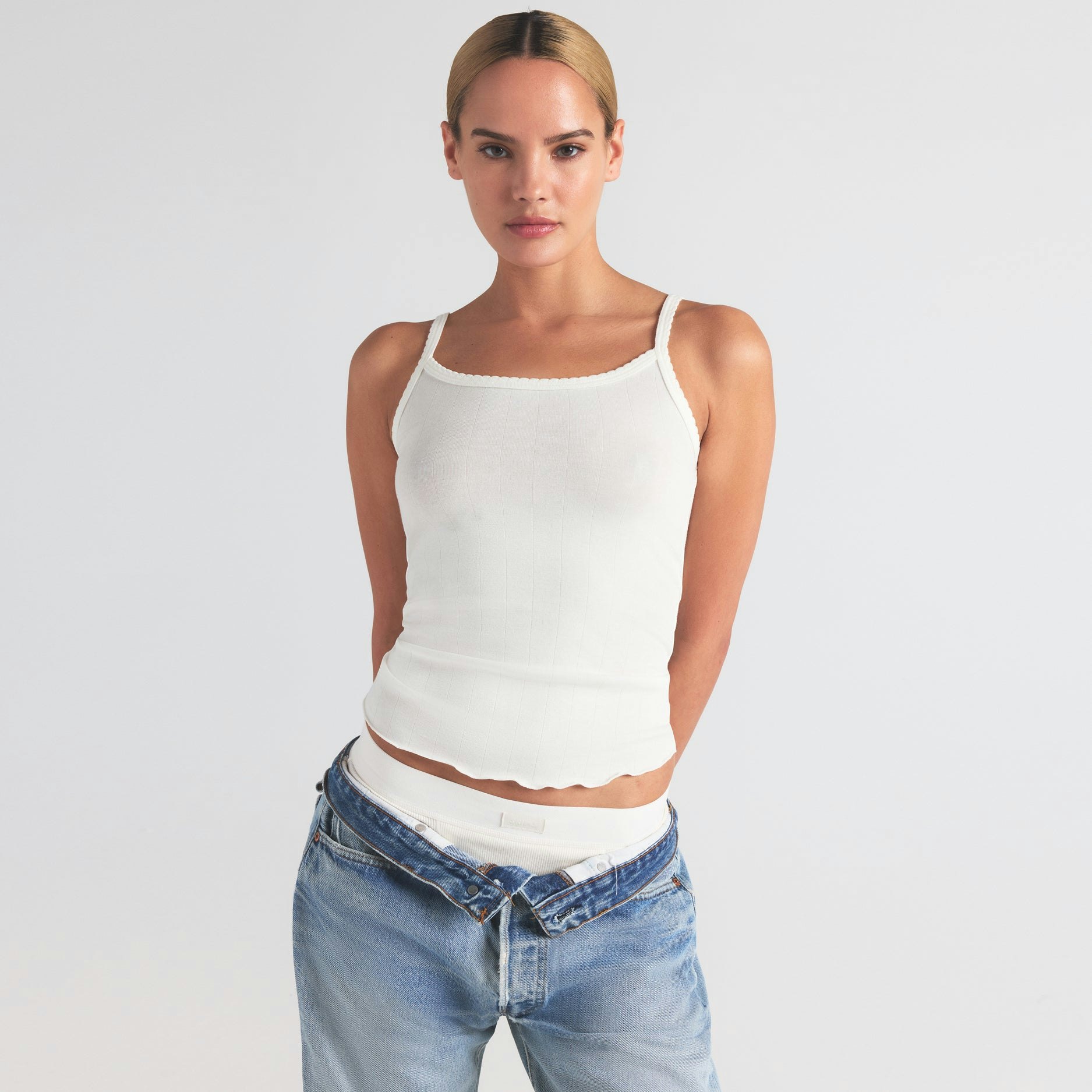 DROP NEEDLE POINTELLE LONG CAMI | MARBLE ON A MODEL SIDE VIEW