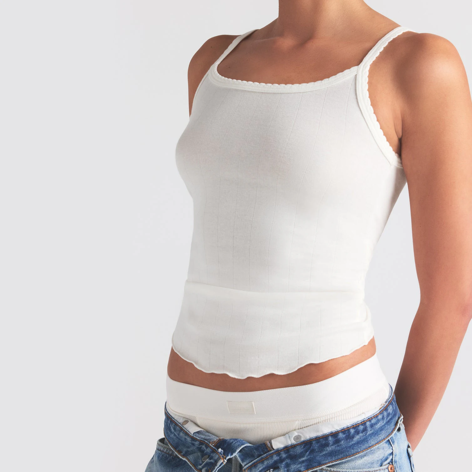 DROP NEEDLE POINTELLE LONG CAMI | MARBLE ON A MODEL SIDE VIEW