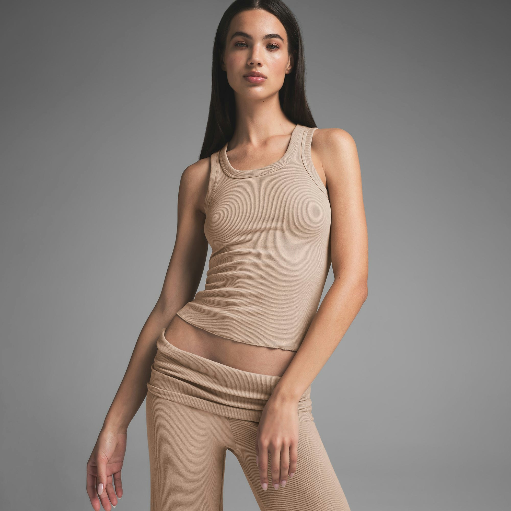 COTTON RIB SCOOP NECK TANK | LATTE ON A MODEL FRONT VIEW | FOCUS: 0.0, 1.0, 0.9