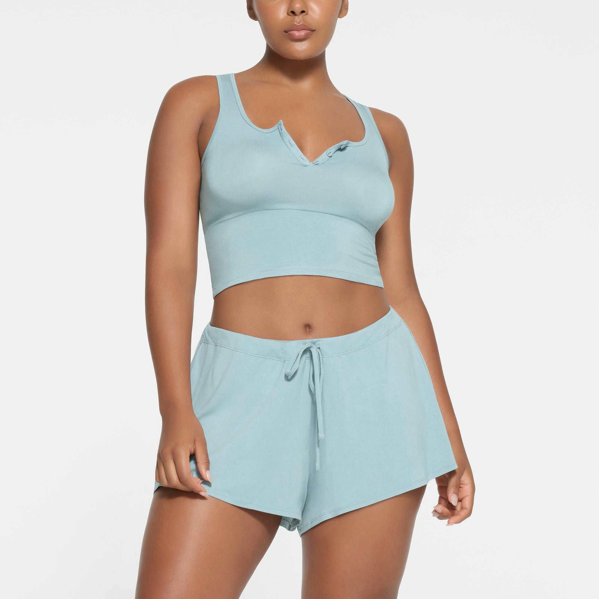 SKIMS SLEEP HENLEY TANK | SKY ON A MODEL FRONT VIEW
