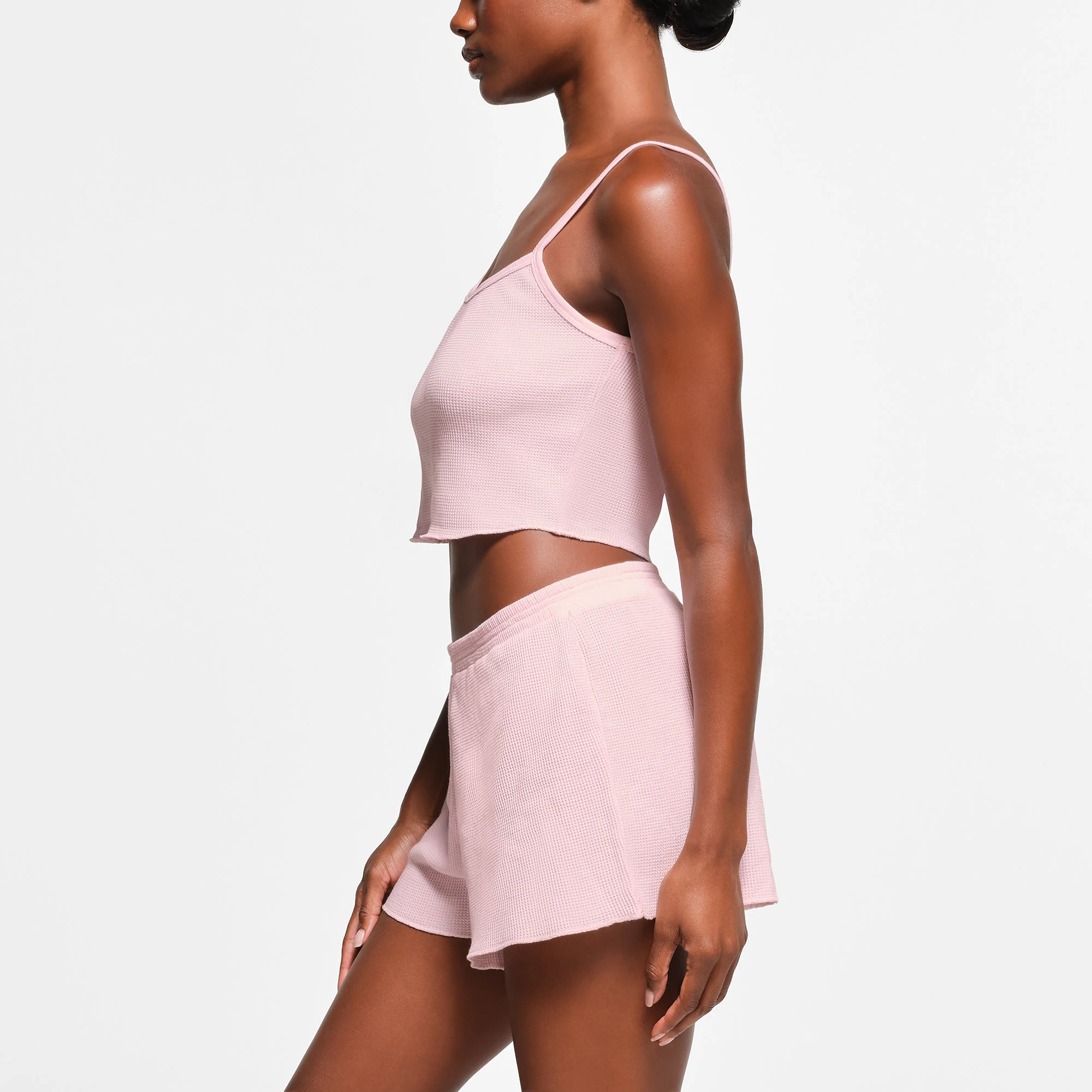 WAFFLE CROPPED TANK | CHERRY BLOSSOM ON A MODEL SIDE VIEW