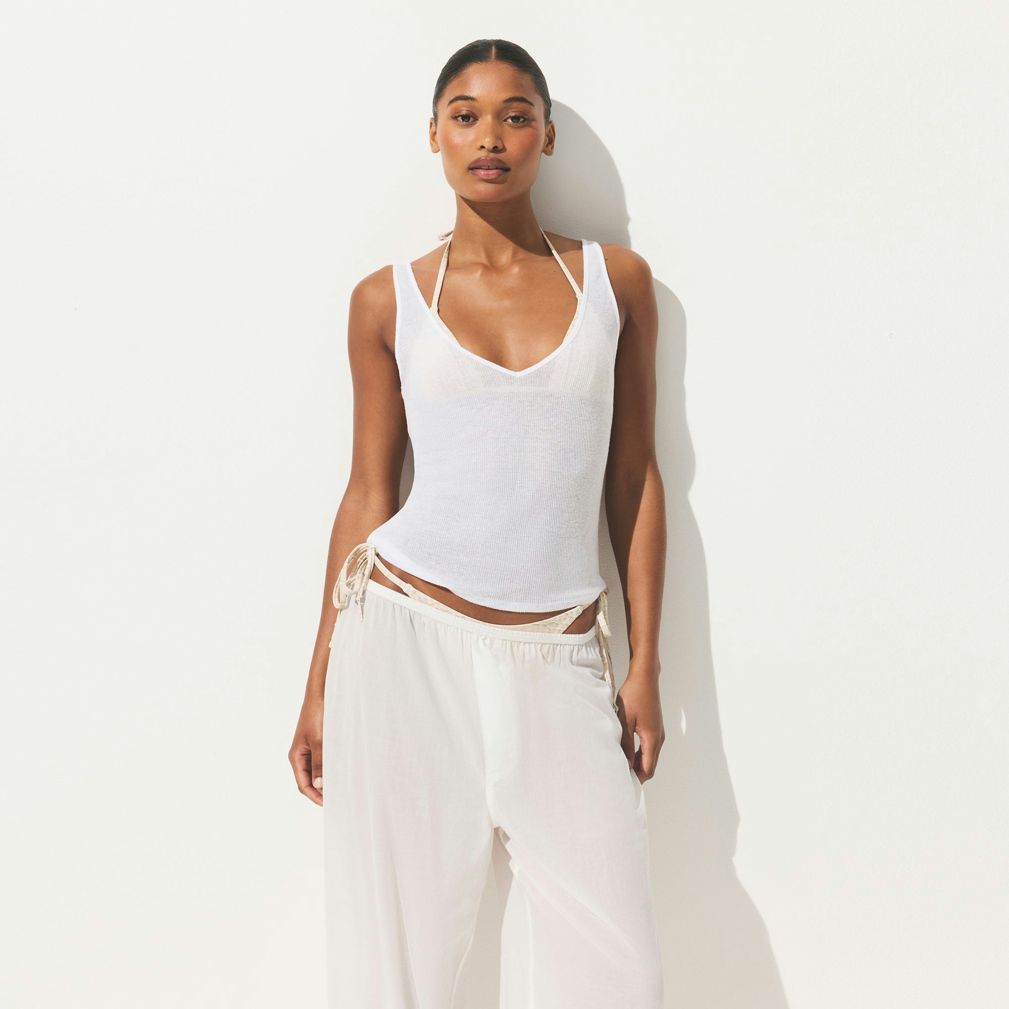 SHEER COTTON V NECK TANK | SNOW ON A MODEL SIDE  VIEW | FOCUS: 0.0, 1.0, 0.9