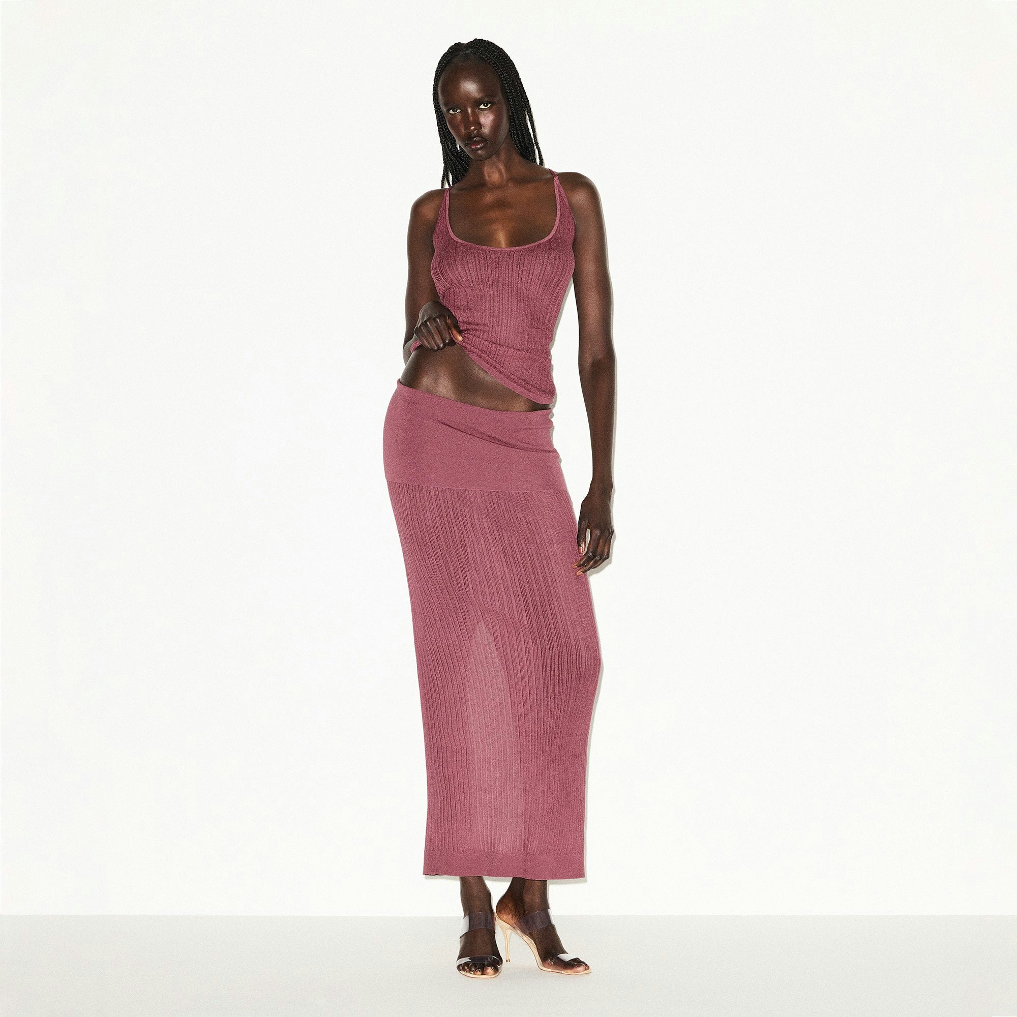 SHEER KNIT TANK | BEET ON A MODEL FRONT VIEW @ | FOCUS: 0.0, 1.0, 0.9