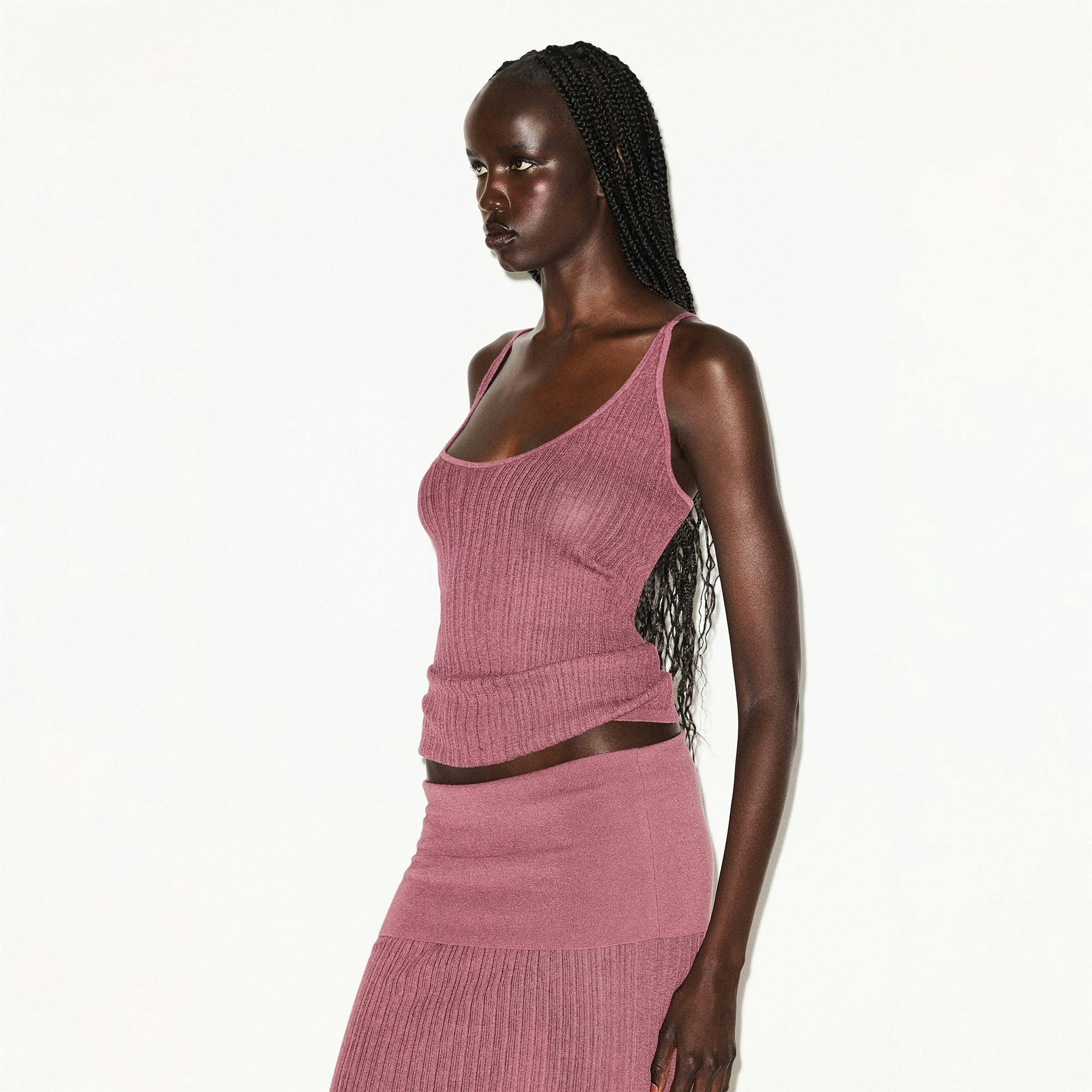 SHEER KNIT PLUNGE TANK | BEET ON A MODEL SIDE VIEW @ | FOCUS: 0.0, 1.0, 0.9