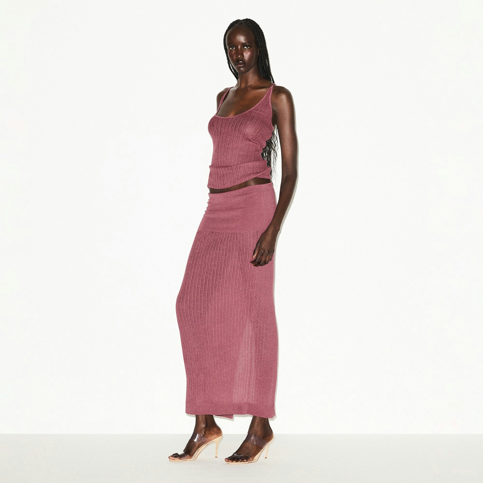 SHEER KNIT PLUNGE TANK | BEET ON A MODEL SIDE VIEW @ | FOCUS: 0.0, 1.0, 0.9