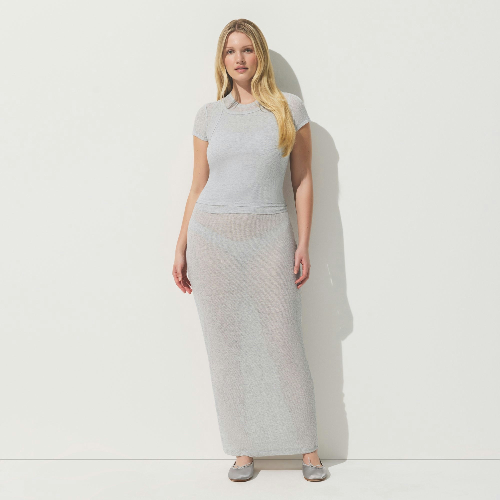 SHEER COTTON TANK | LIGHT HEATHER GREY ON A MODEL FRONT VIEW | FOCUS: 0.0, 1.0, 0.9