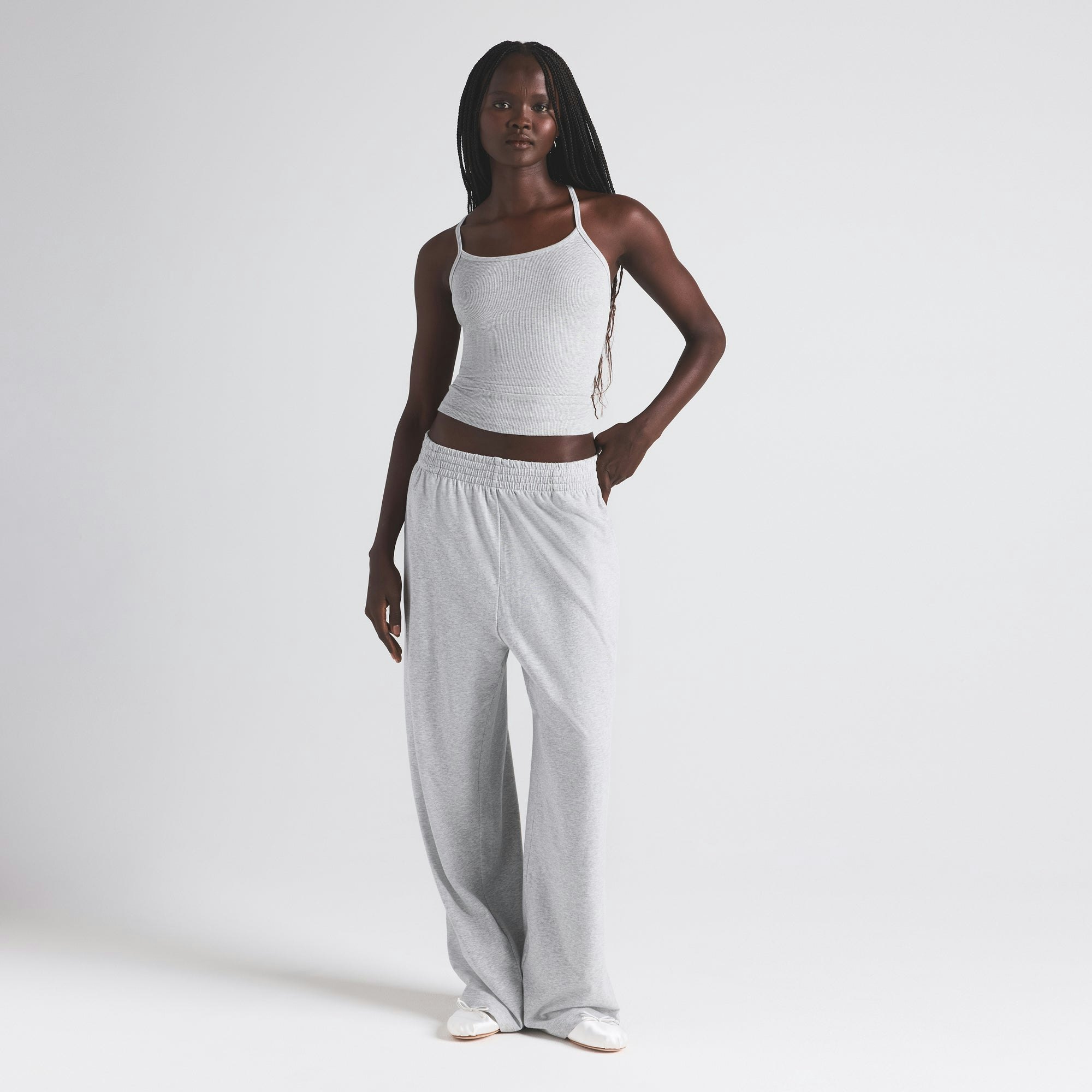 COTTON RIB LONG CAMI | LIGHT HEATHER GREY ON A MODEL FRONT VIEW | FOCUS: 0.0, 1.0, 0.9