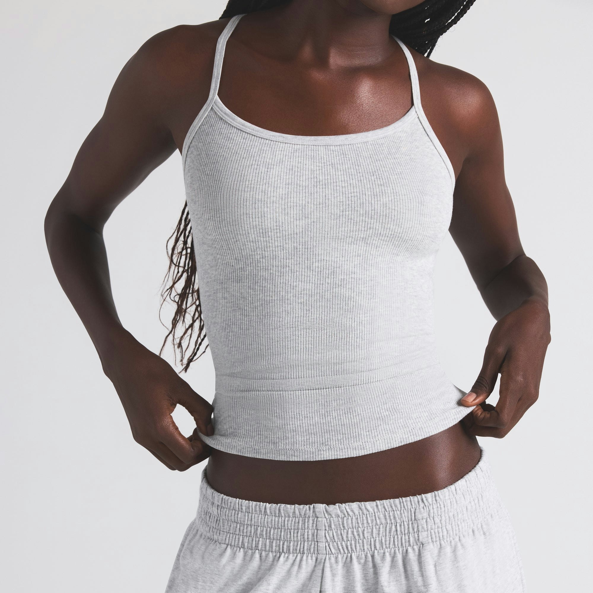 COTTON RIB LONG CAMI | LIGHT HEATHER GREY ON A MODEL SIDE VIEW | FOCUS: 0.0, 1.0, 0.9