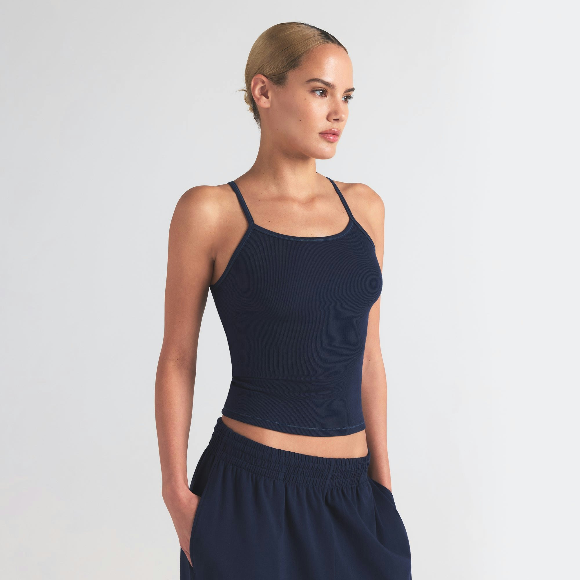 COTTON RIB LONG CAMI | NAVY ON A MODEL SIDE VIEW | FOCUS: 0.0, 1.0, 0.9