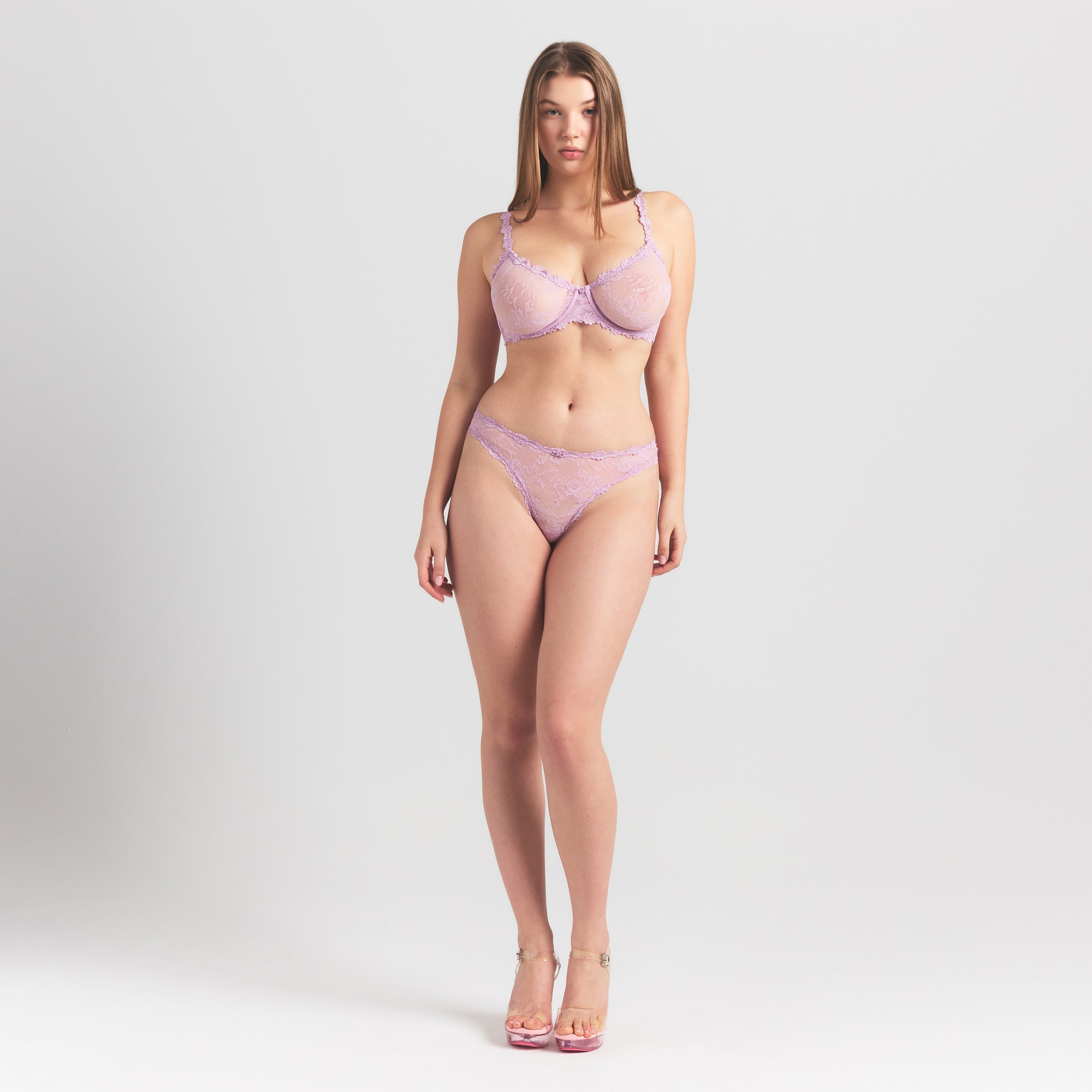 STRETCH LACE UNLINED DEMI BRA | BABY PINK ON A MODEL FRONT VIEW @ | FOCUS: 0.0, 1.0, 0.9