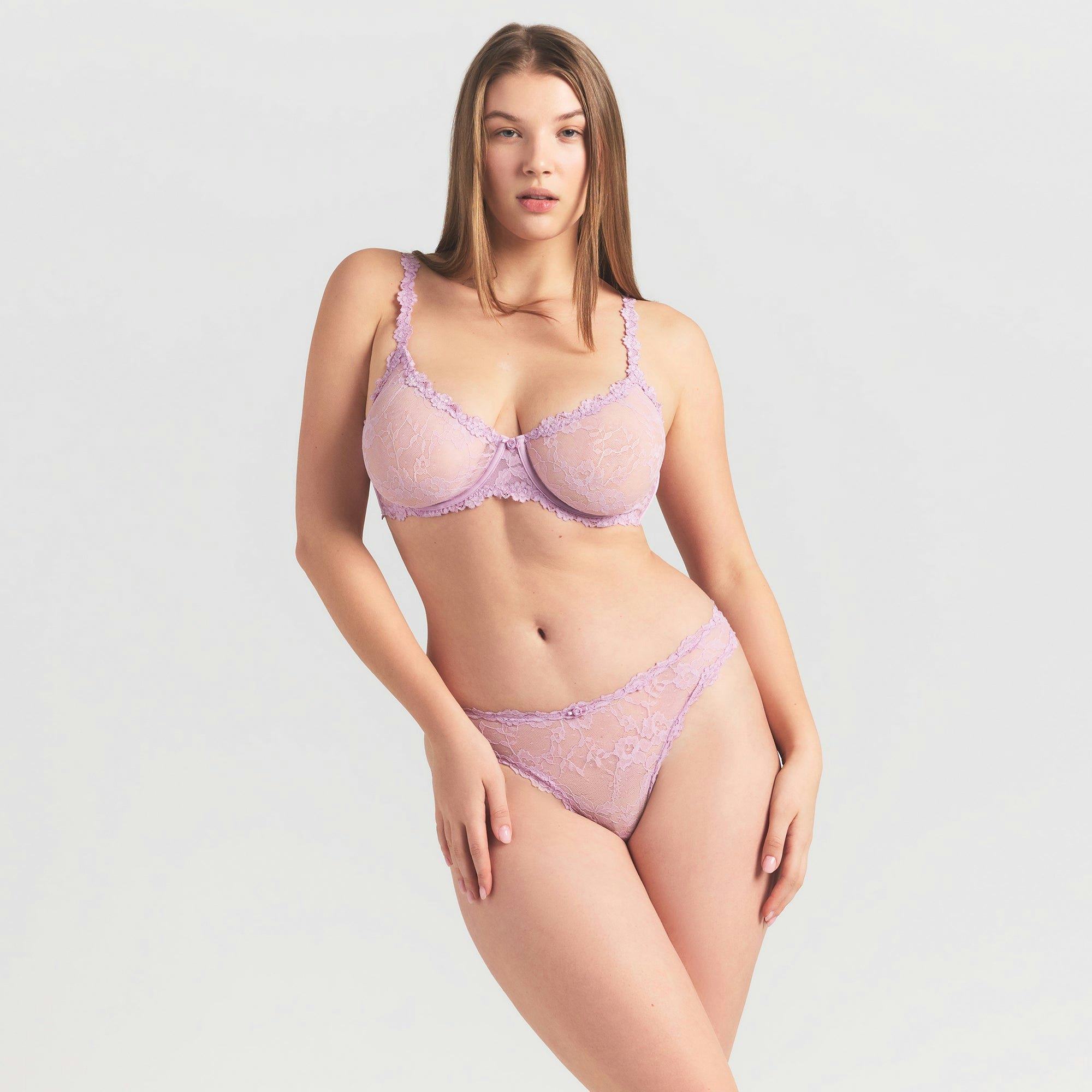 STRETCH LACE UNLINED DEMI BRA | BABY PINK ON A MODEL SIDE VIEW @ | FOCUS: 0.0, 1.0, 0.9