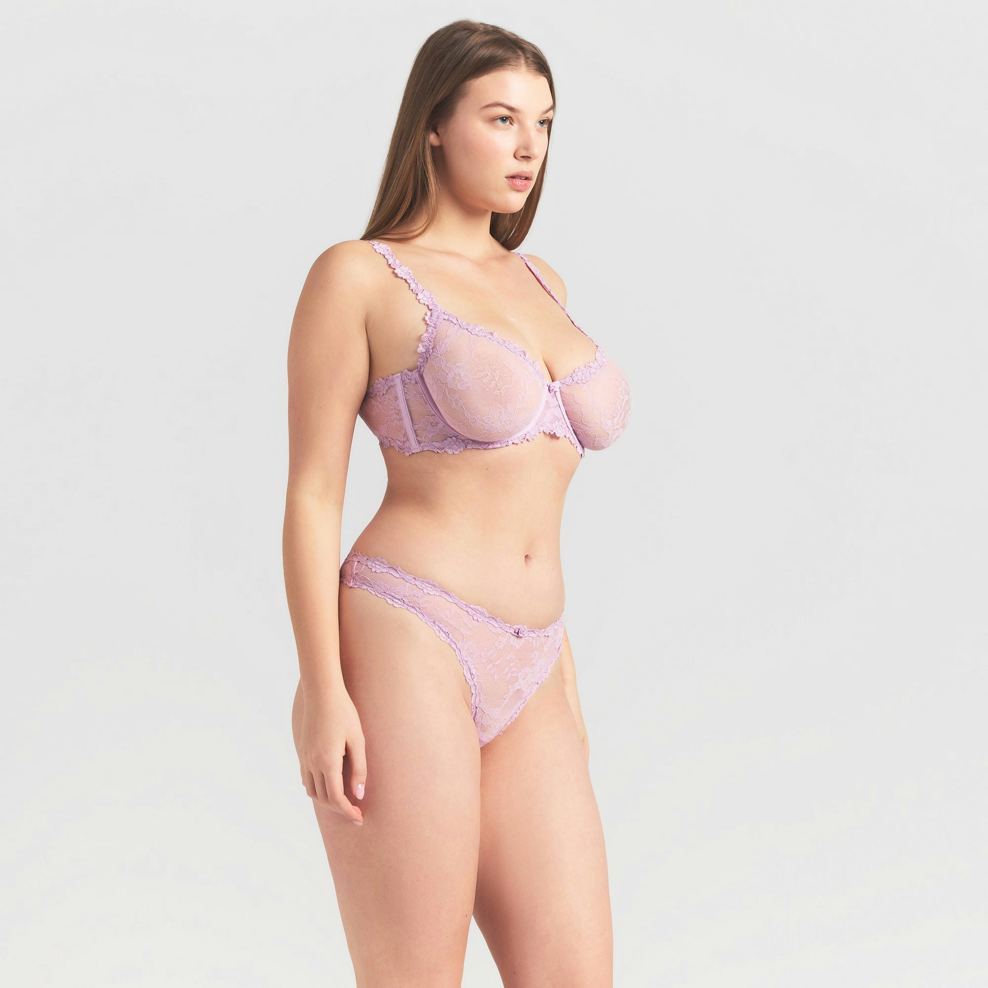 STRETCH LACE UNLINED DEMI BRA | BABY PINK ON A MODEL SIDE VIEW @ | FOCUS: 0.0, 1.0, 0.9