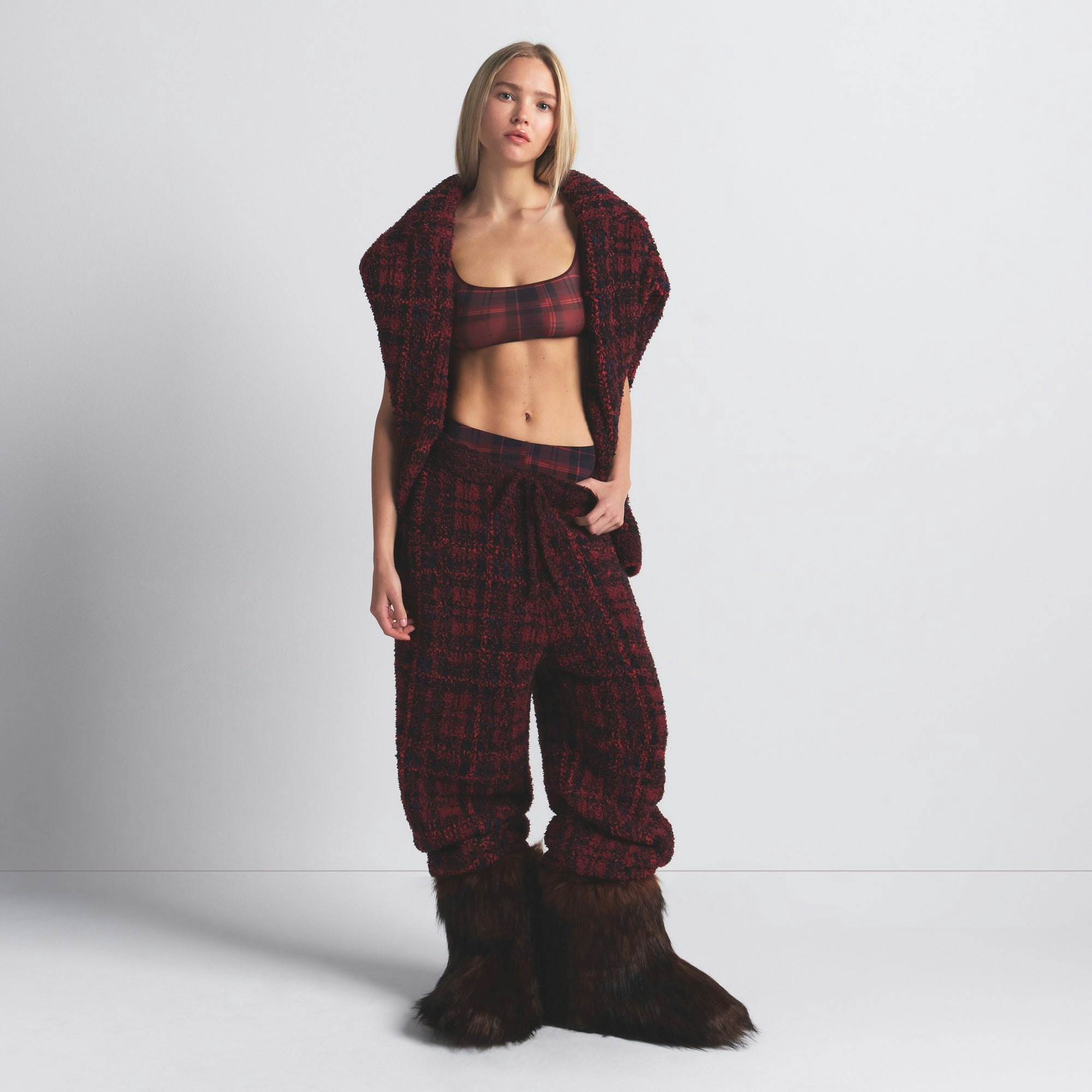 MILKY SHEER SCOOP BRALETTE | MERLOT NAVY PLAID ON A MODEL FRONT VIEW @ | FOCUS: 0.0, 1.0, 0.9