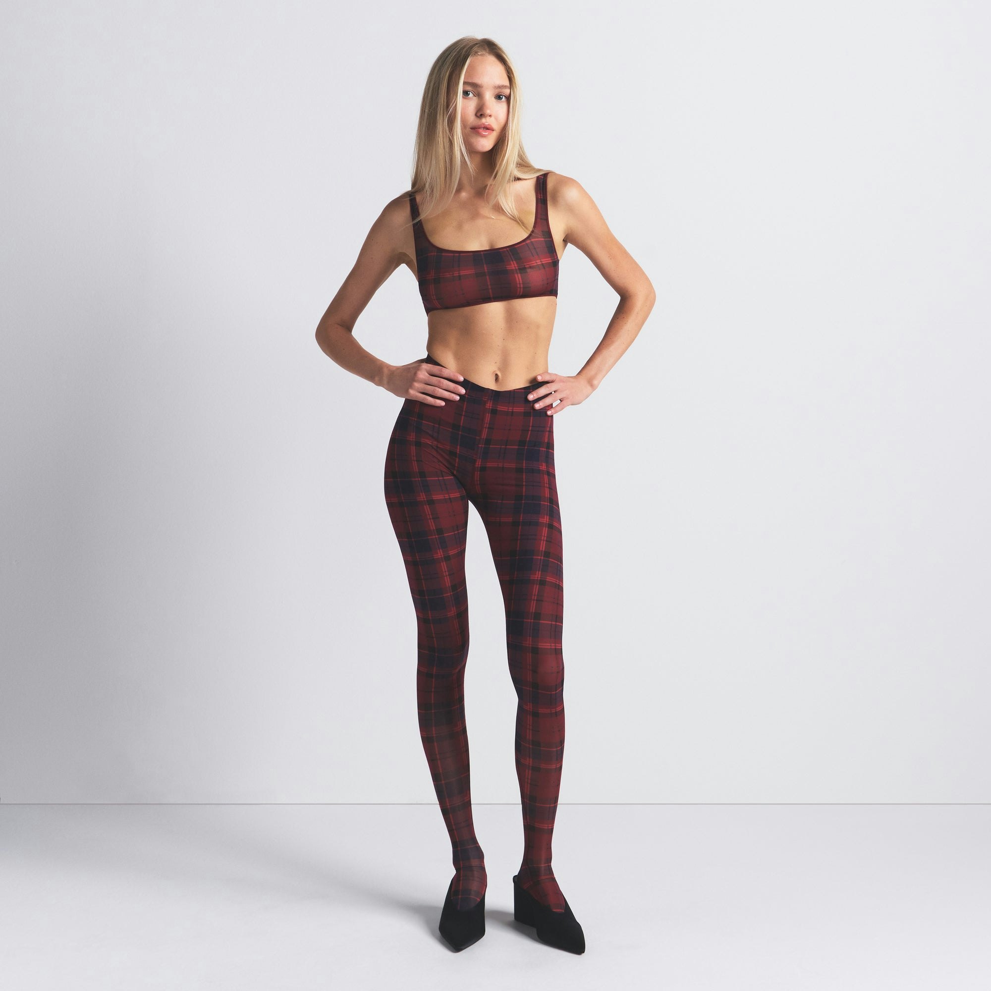 MILKY SHEER SCOOP BRALETTE | MERLOT NAVY PLAID ON A MODEL FRONT VIEW @ | FOCUS: 0.0, 1.0, 0.9