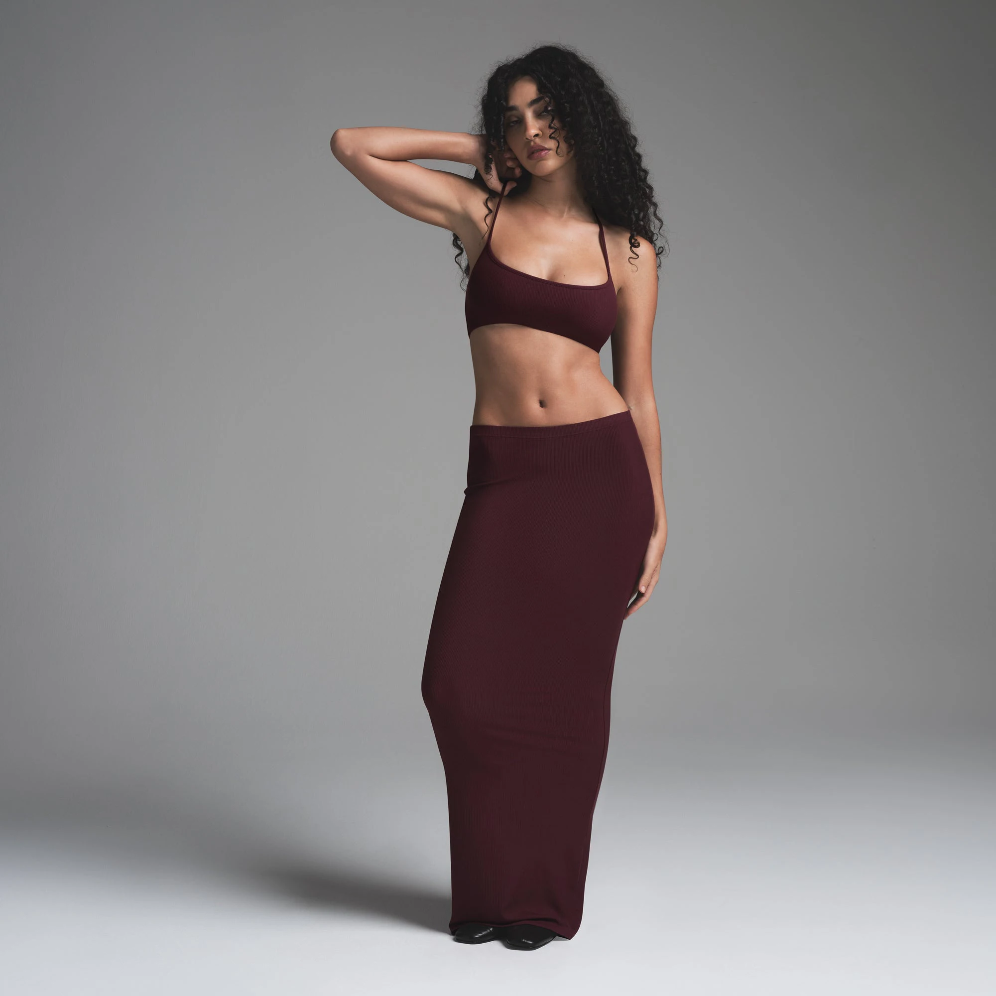 SOFT LOUNGE HALTER SCOOP  BRALETTE | BORDEAUX ON A MODEL FRONT VIEW | FOCUS: 0.0, 1.0, 0.9