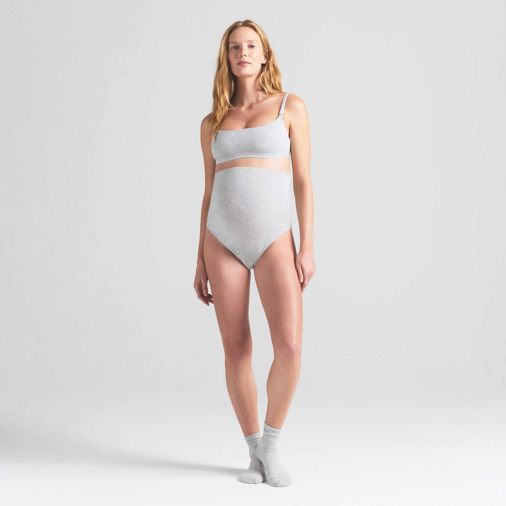 COTTON JERSEY MATERNITY NURSING SCOOP BRALETTE | LIGHT HEATHER GREY ON A MODEL FRONT VIEW | FOCUS: 0.0, 1.0, 0.9