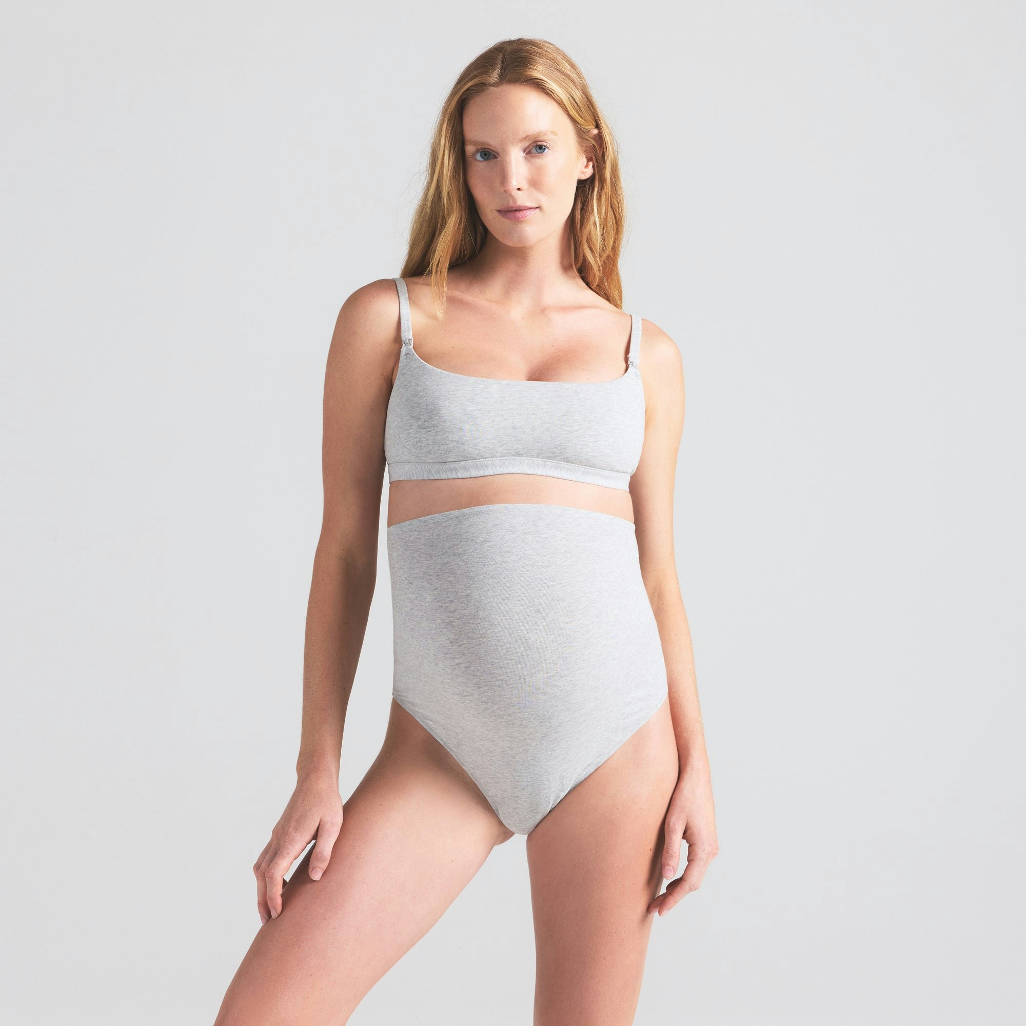 COTTON JERSEY MATERNITY NURSING SCOOP BRALETTE | LIGHT HEATHER GREY ON A MODEL SIDE VIEW | FOCUS: 0.0, 1.0, 0.9