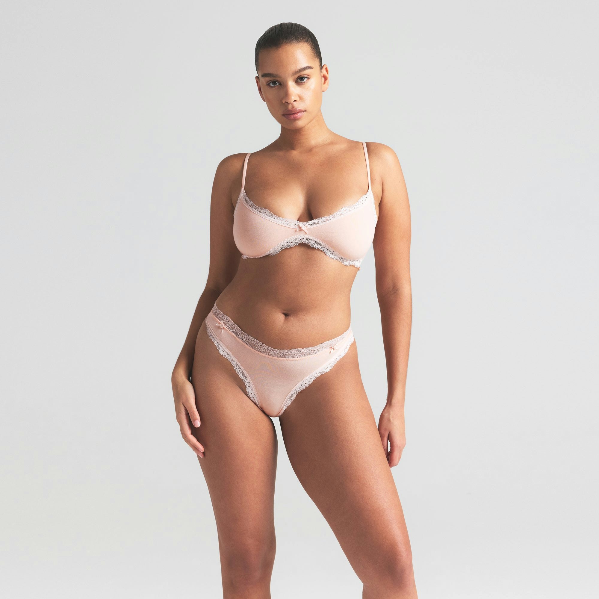 COTTON JERSEY LACE SKIMPY SCOOP BRALETTE | PRIMROSE ON A MODEL SIDE VIEW | FOCUS: 0.0, 1.0, 0.9