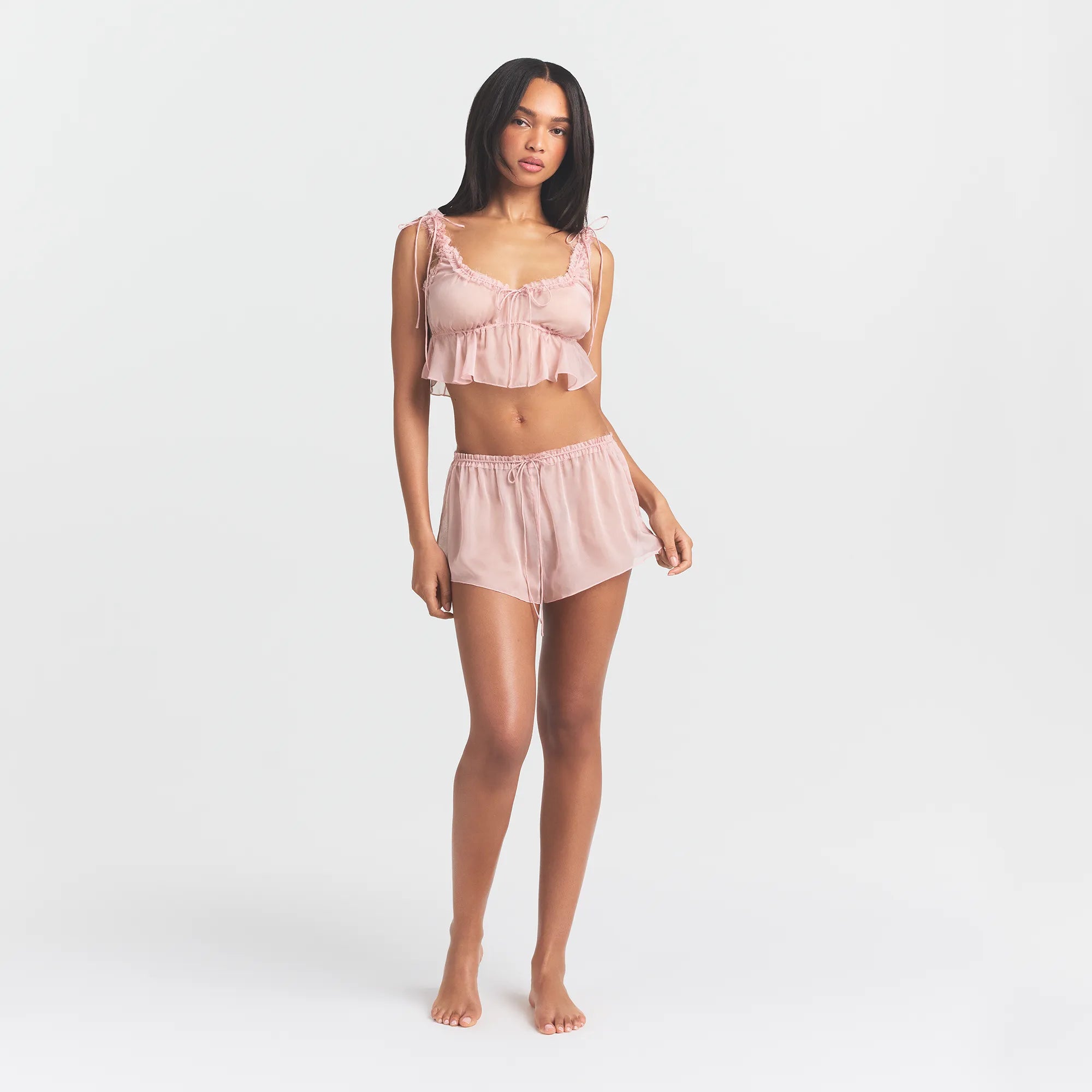 SKIMS ROMANCE BABYDOLL AND SHORT SET | MORGANITE ON A MODEL FRONT VIEW @ | FOCUS: 0.0, 1.0, 0.9