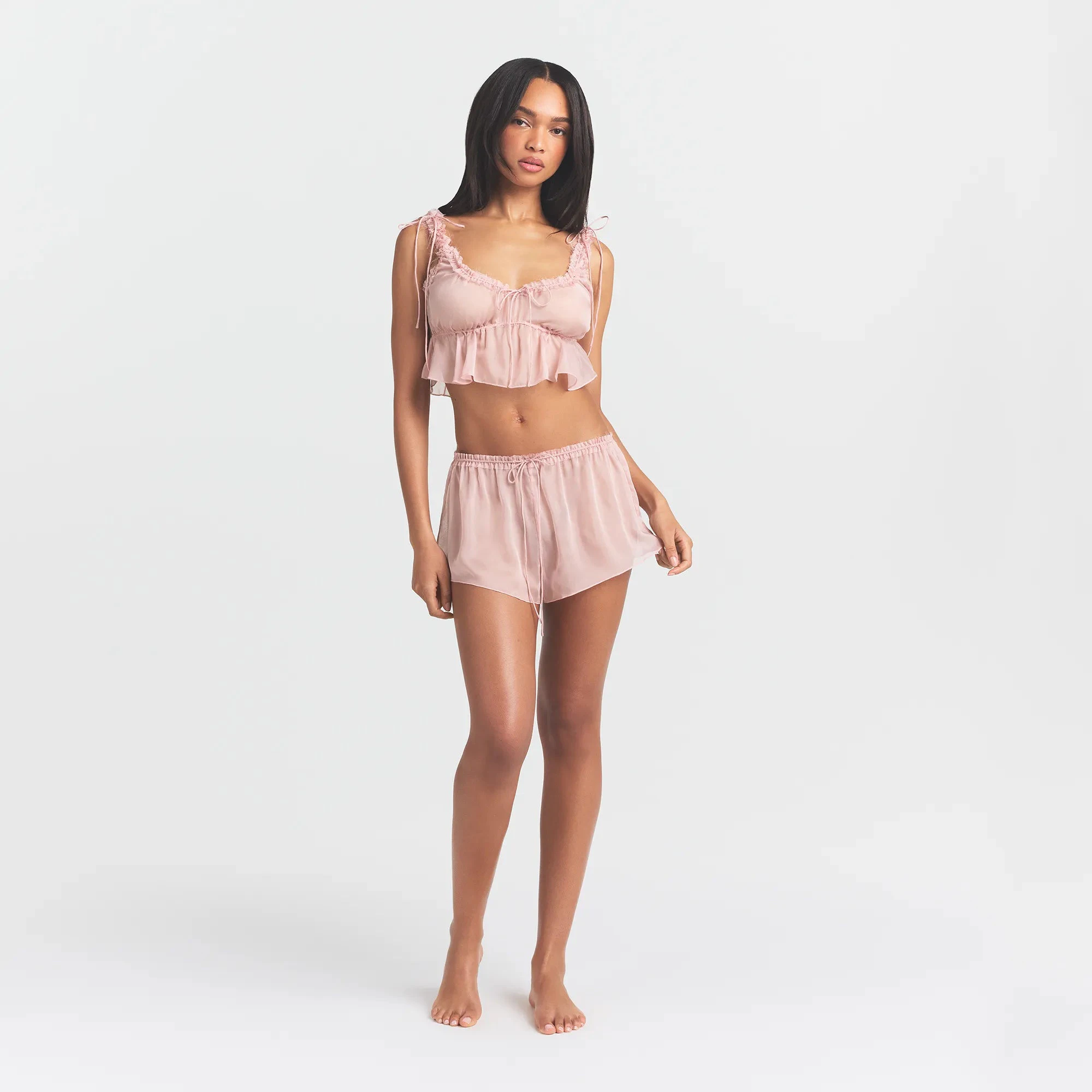 SKIMS ROMANCE BABYDOLL AND SHORT SET | MORGANITE ON A MODEL FRONT VIEW @ | FOCUS: 0.0, 1.0, 0.9