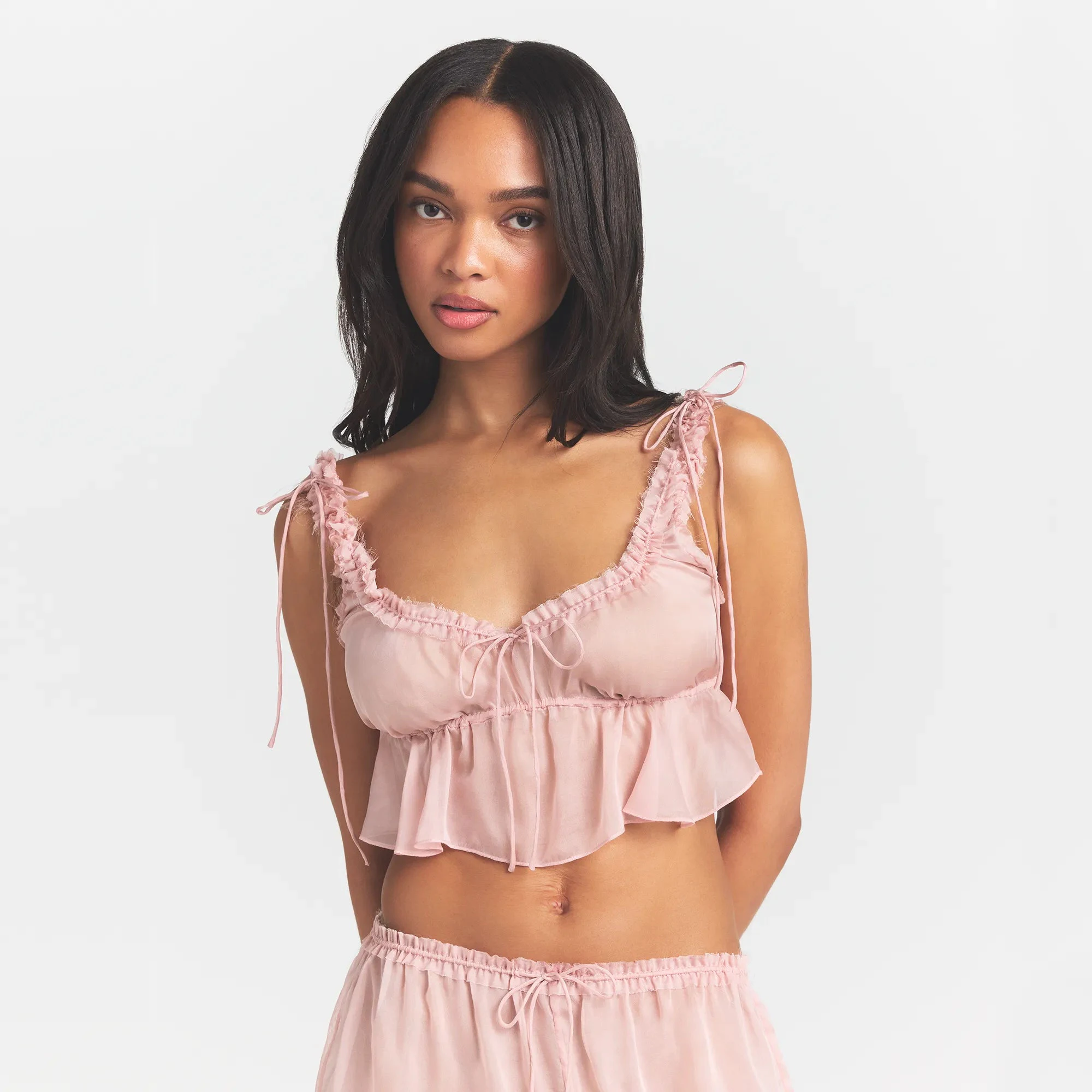 SKIMS ROMANCE BABYDOLL AND SHORT SET | MORGANITE ON A MODEL FRONT VIEW @ | FOCUS: 0.0, 1.0, 0.9