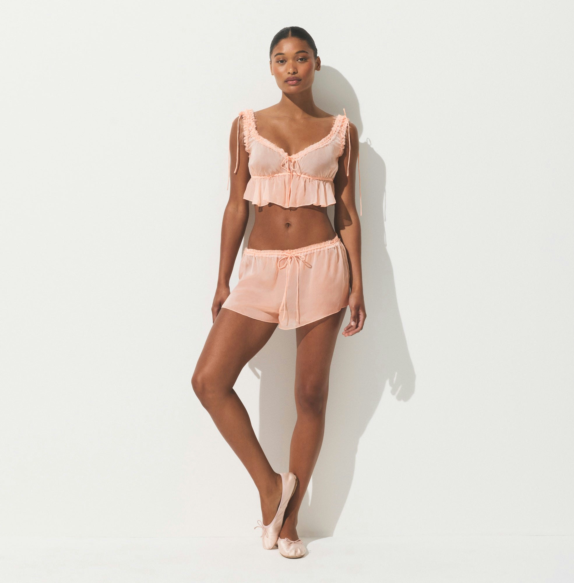 SKIMS ROMANCE BABYDOLL AND SHORT SET | PRIMROSE ON A MODEL FRONT VIEW | FOCUS: 0.0, 1.0, 0.9